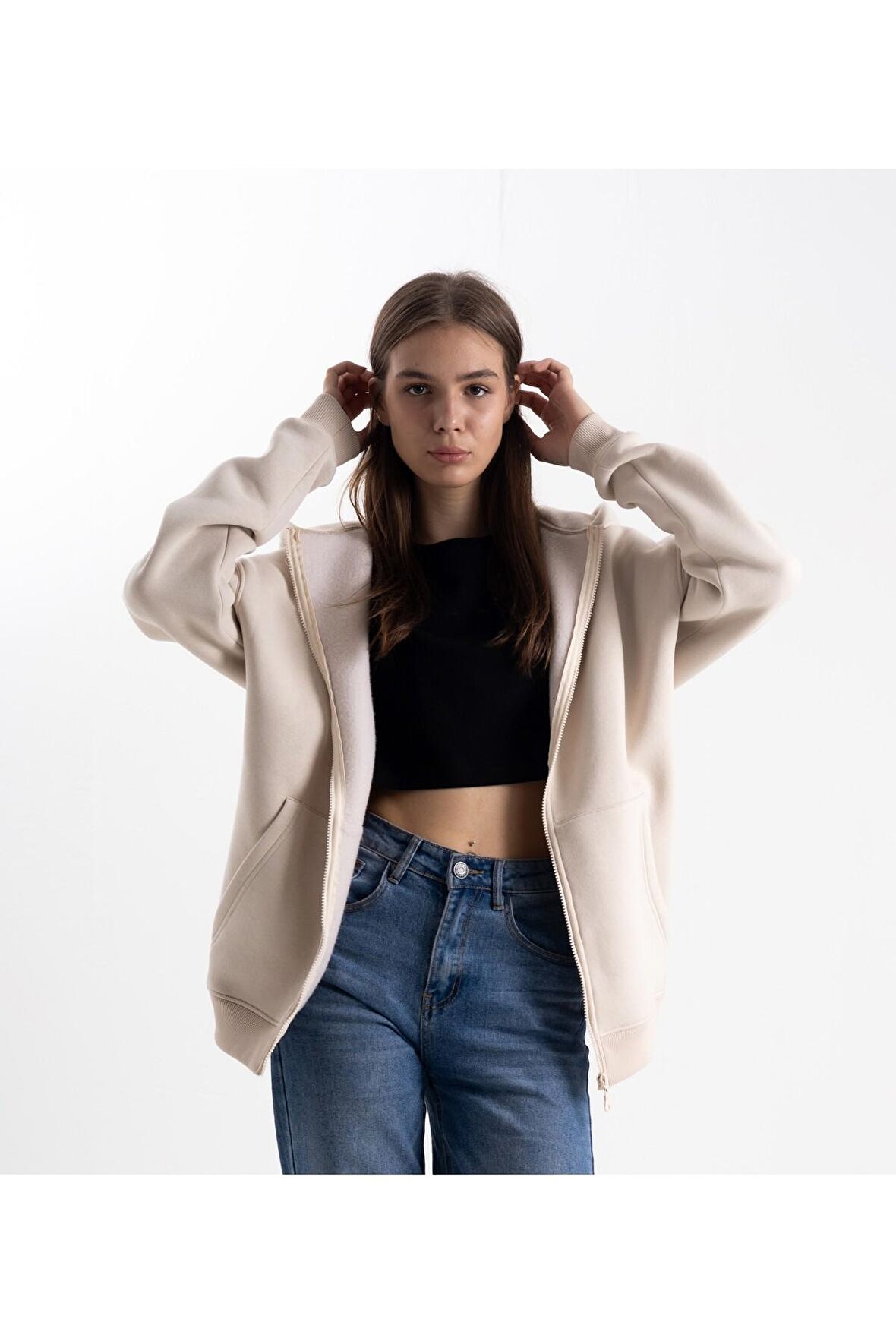 KAPŞONLU FERMUARLI TAŞ HOODİE COLLEGE