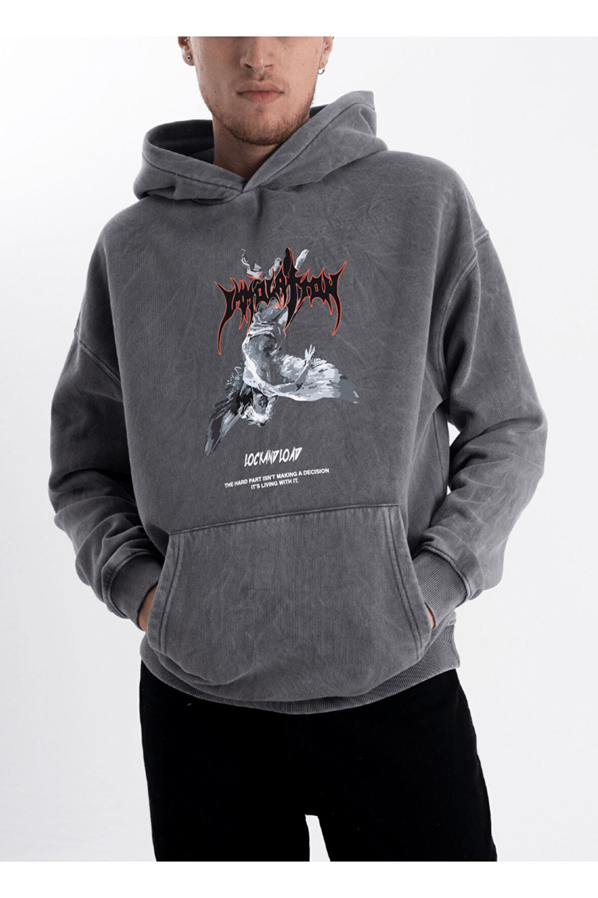 Unisex Eskitme Lock and Load Kapüşonlu Sweatshirt