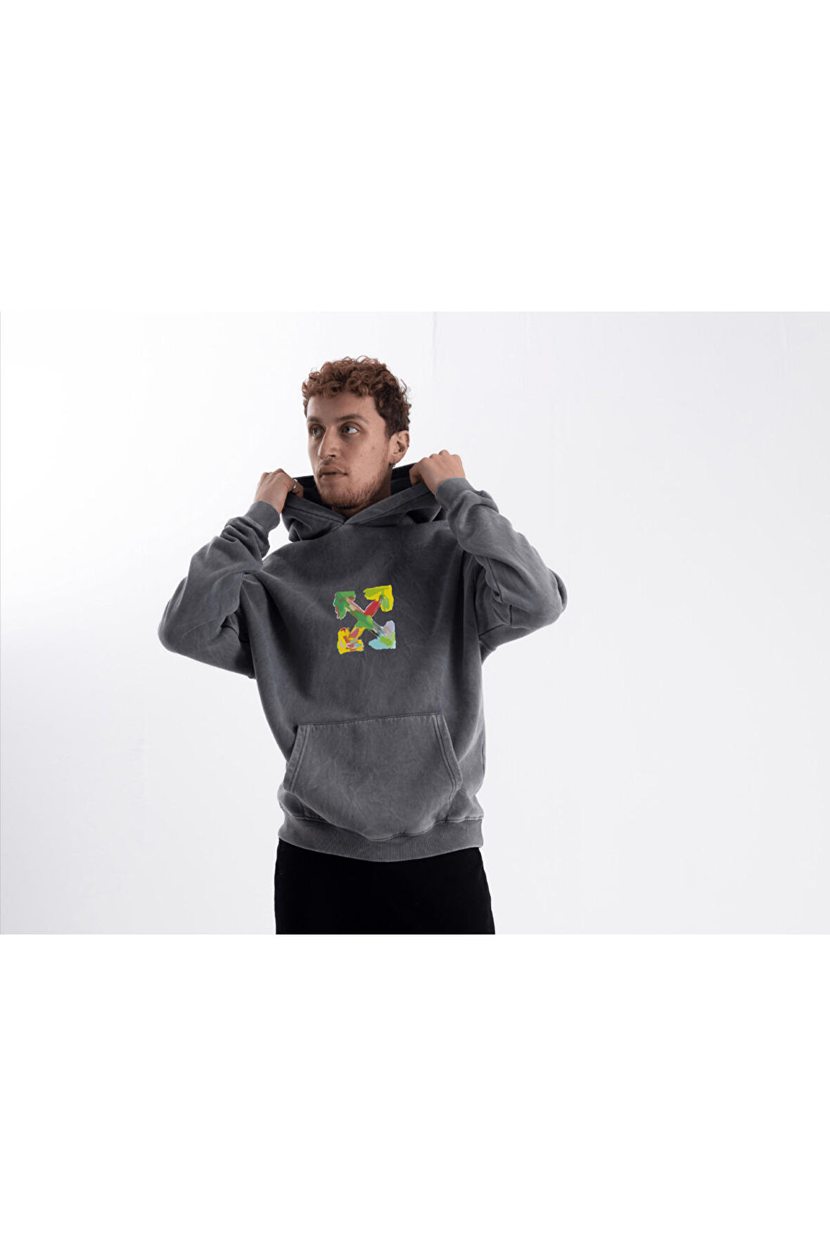 Unisex Oversize Eskitme Four Kapüşonlu Sweatshirt