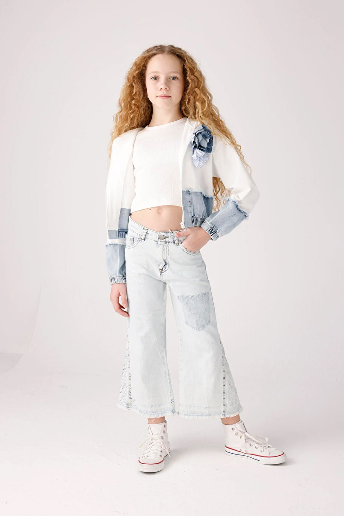Jena Kız Çocuk Yamalı Denim Pantolon 9-14 Yaş Açık Mavi