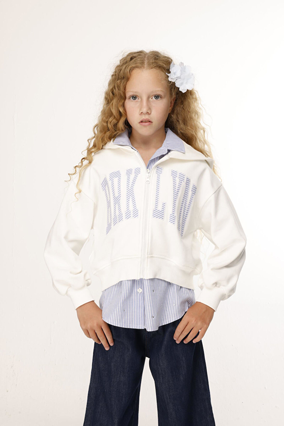 Jena Kız Çocuk Aplike Fermuarlı Sweatshirt 9-14 Yaş Ekru