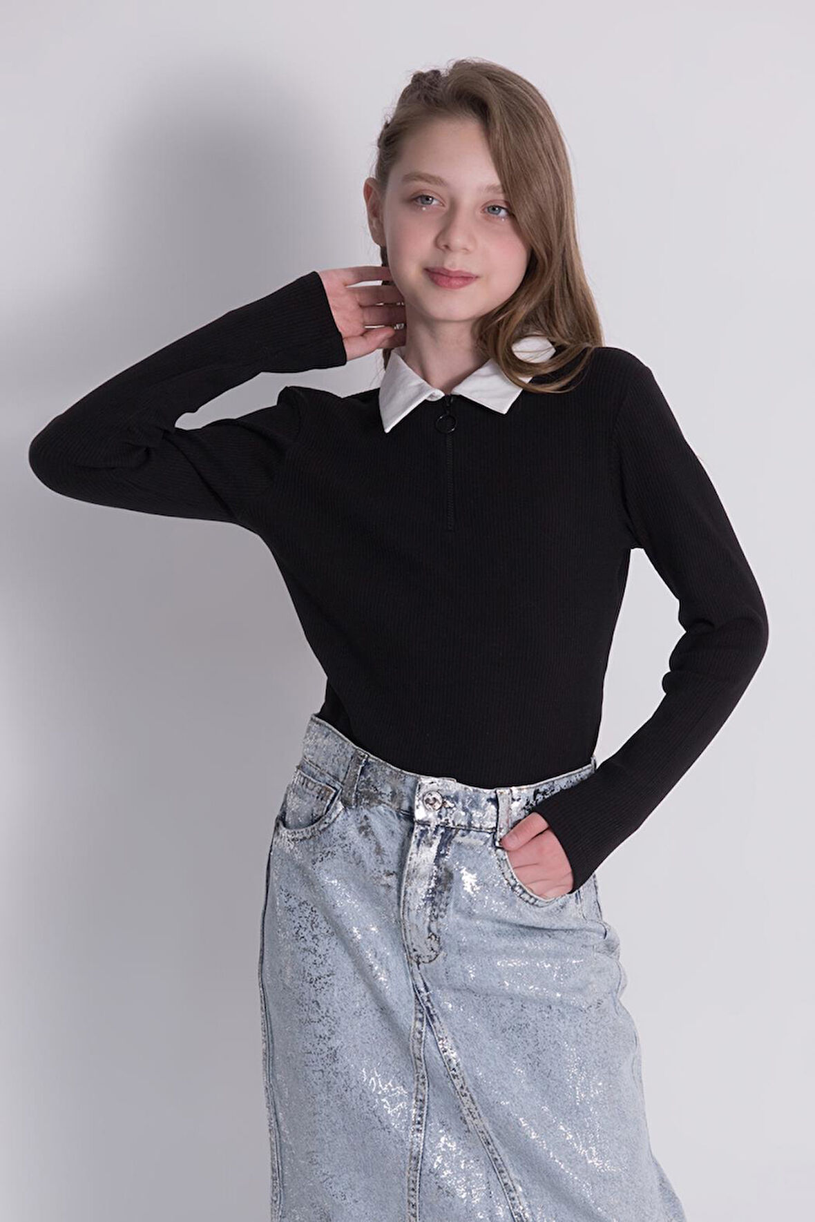Dmb Kız Çocuk Yaka Fermuarlı Sweatshirt 9-14 Yaş Siyah