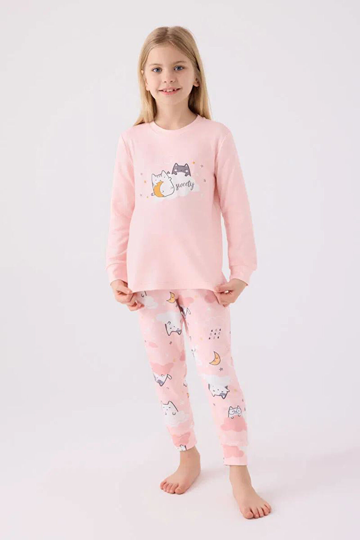 RP3461-2 KEDİLİ PİJAMA TAKIMI 2/8 KIZ ROLLY Pembe