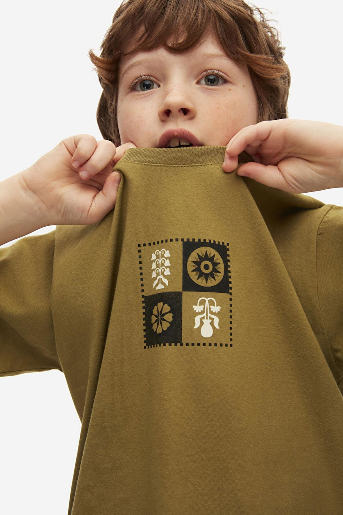 Nk Erkek Çocuk Motif Desen Tshirt 8-14 Yaş Haki