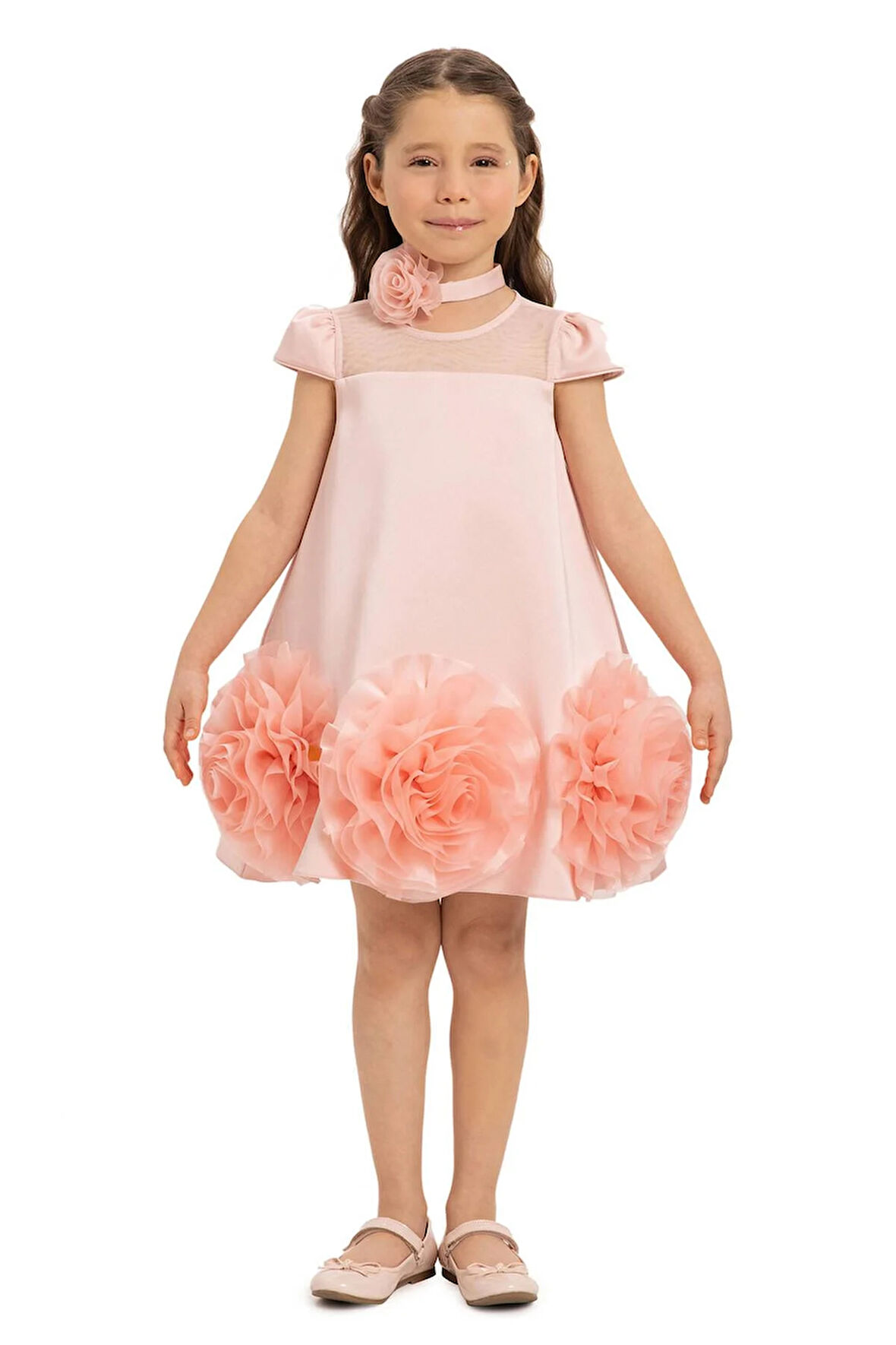 Pamina Kız Çocuk Çiçekli Chokerli Elbise 3-7 Yaş Pudra