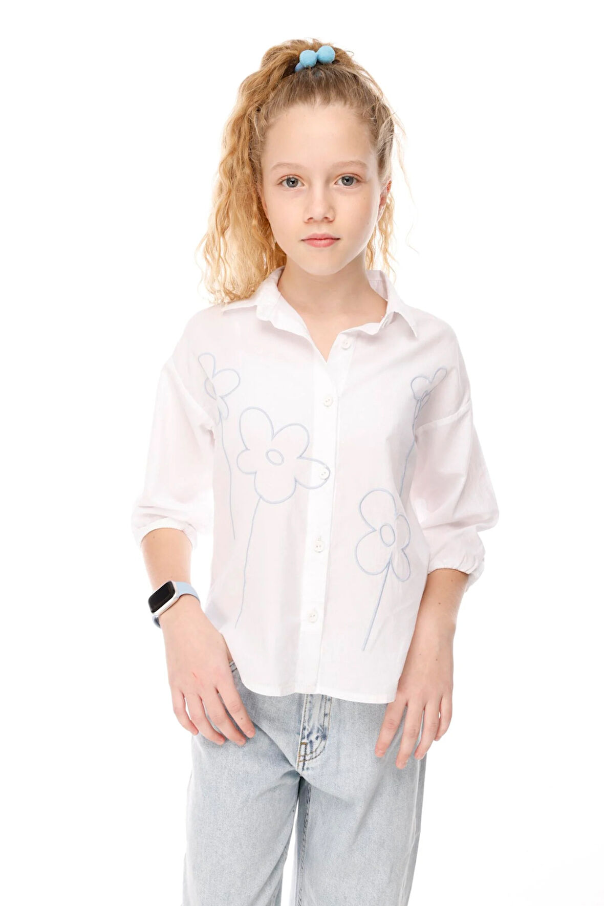 Jena Kız Çocuk Çiçek Nakışlı Gömlek 3-8 Yaş Mavi