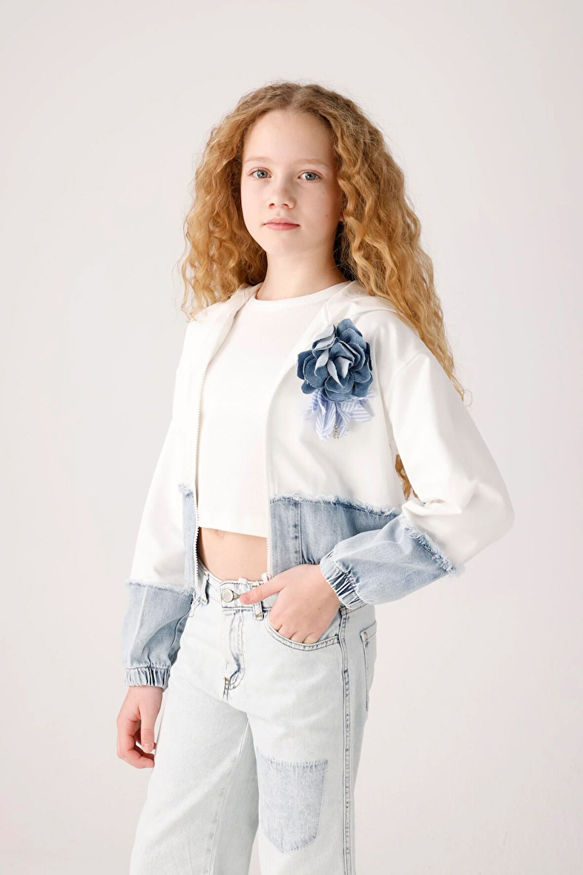Jena Kız Çocuk Denim Parçalı Sweatshirt 8-14 Yaş Ekru