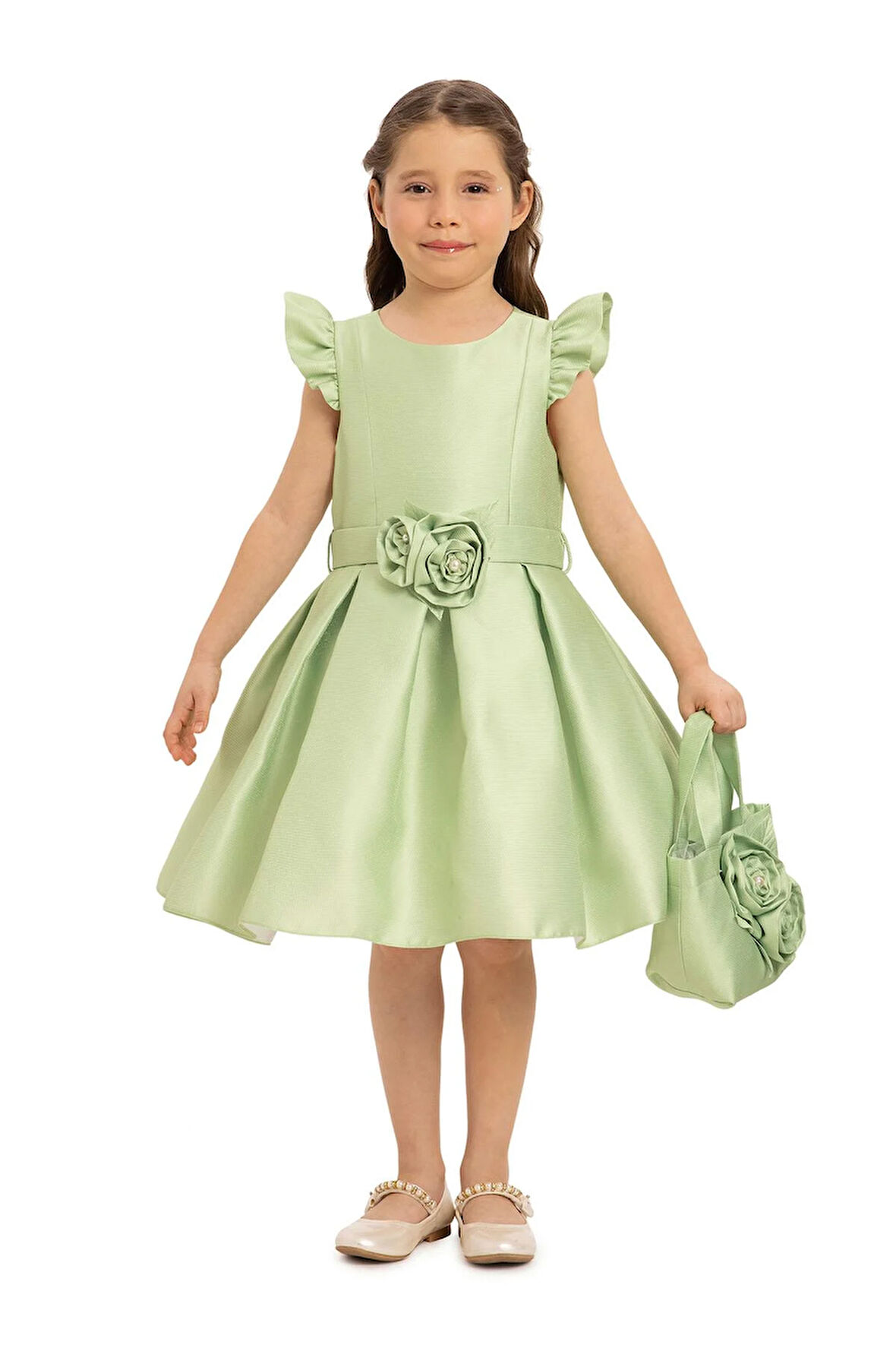 Pamina Kız Çocuk Çicekli Çantalı Abiye Elbise 3-7 Yaş Yeşil