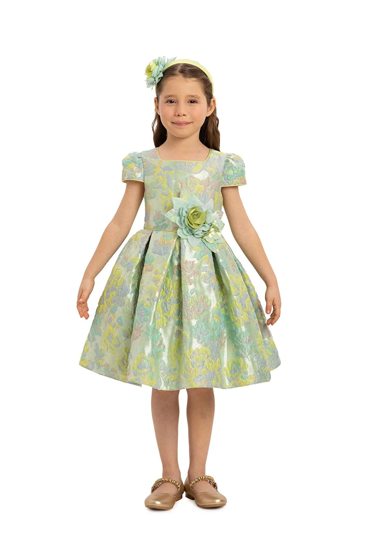 Pamina Kız Çocuk Çiçekli Saç Aksesuarı Elbise 3-7 Yaş Yeşil