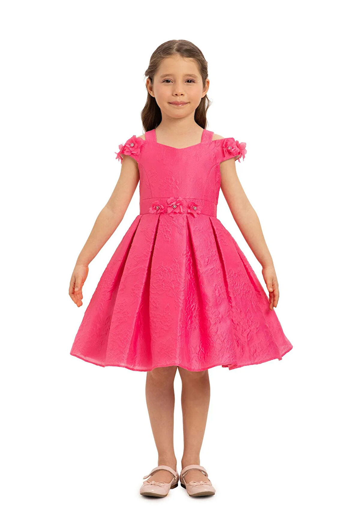 Pamina Kız Çocuk Çiçek Jakarlı Elbise 3-7 Yaş Fuşya