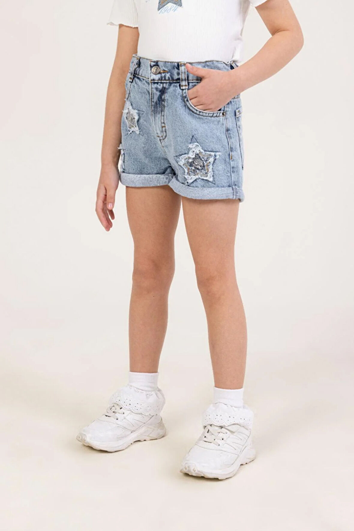 Dmb Kız Çocuk Yıldızlı Denim Şort 4-9 Yaş Mavi