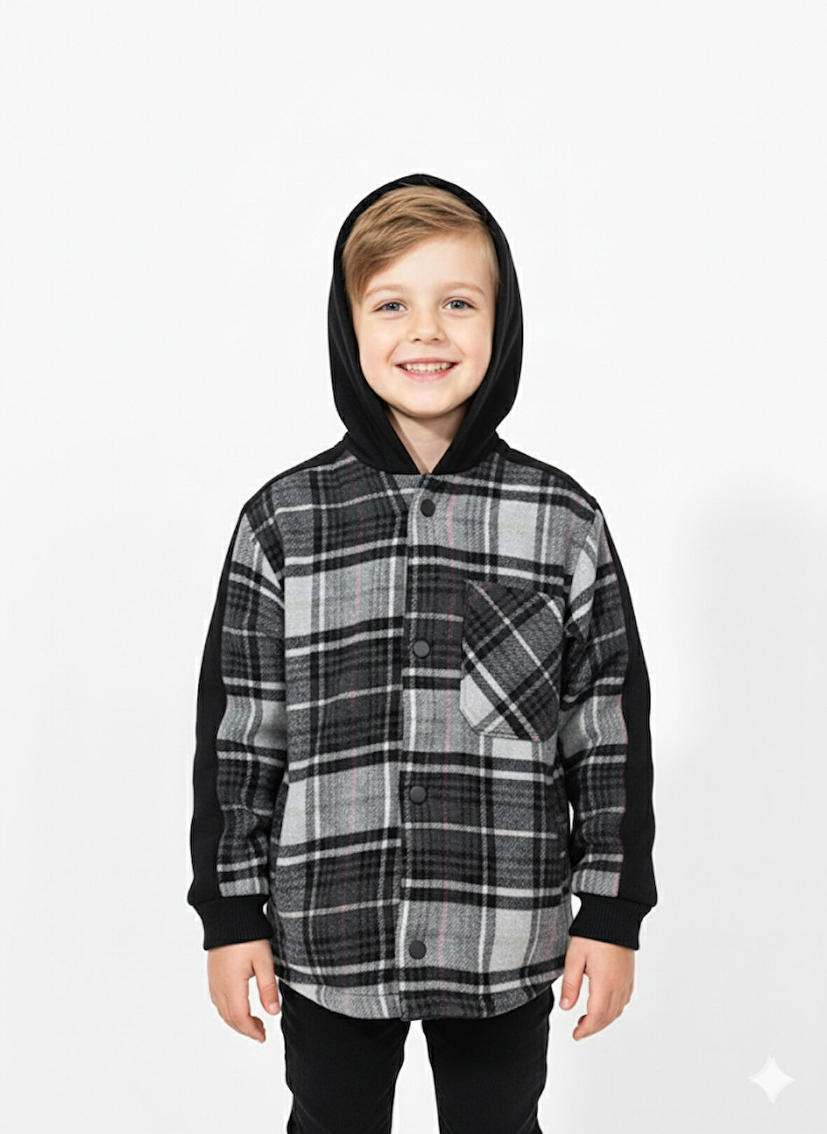 Jena Erkek Çocuk Ekose Kapüşonlu Gömlek 3-14 Yaş Siyah