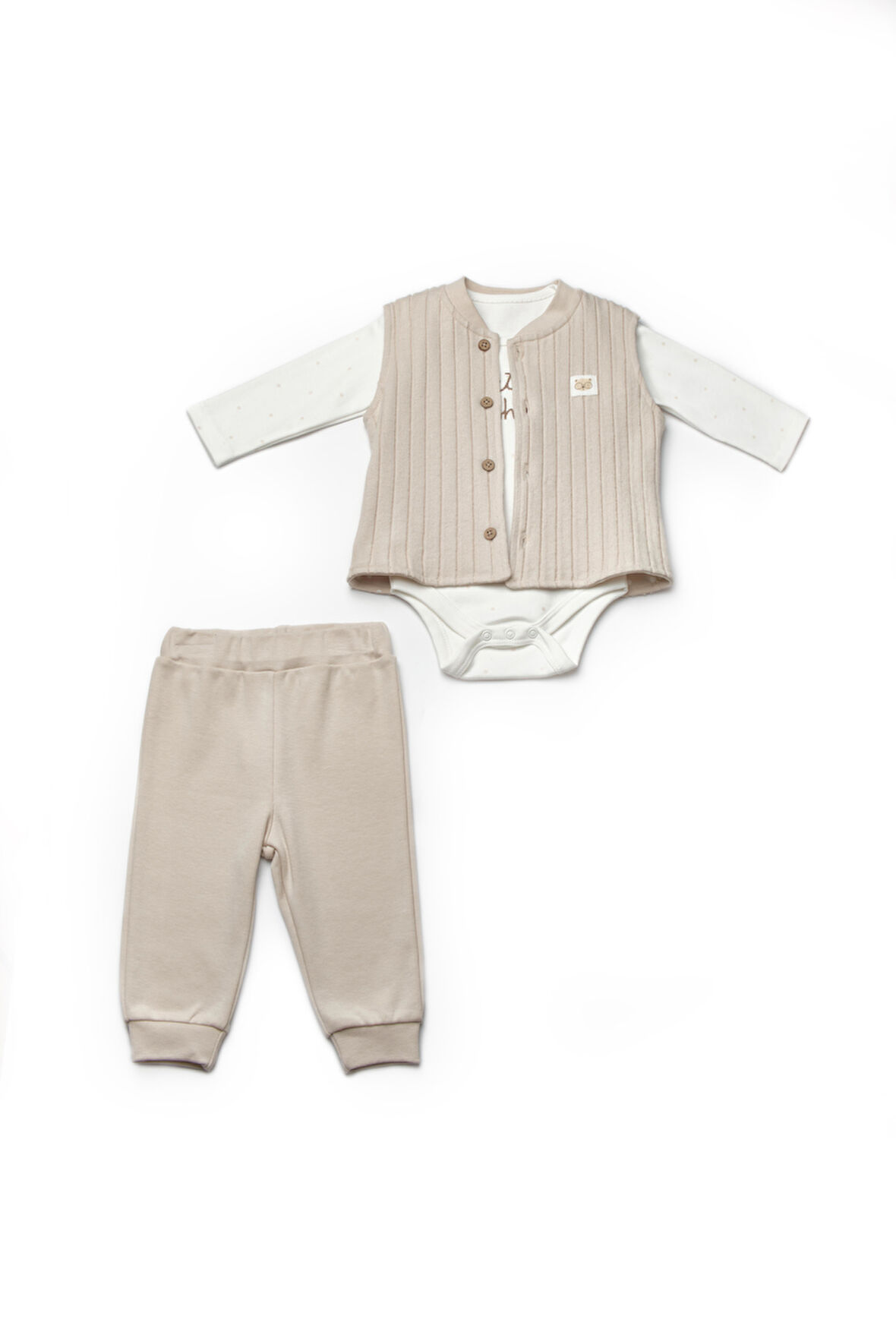 BabyCosy Erkek Bebek 3'Lü Yelekli Takım 3-24 Ay TAŞ