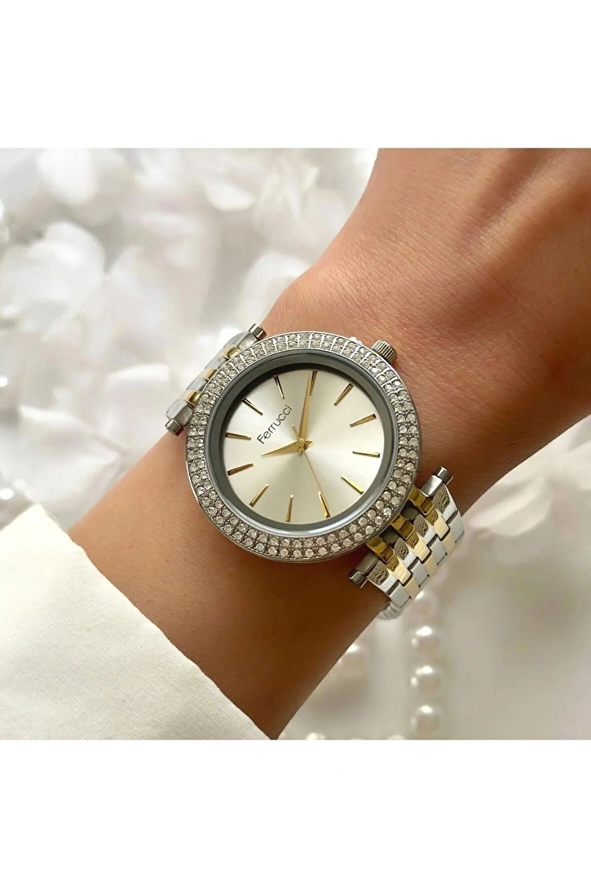 Ferrucci Gold&Silver Taşlı Şık Büyük Kadranlı Kadın Kol Saati