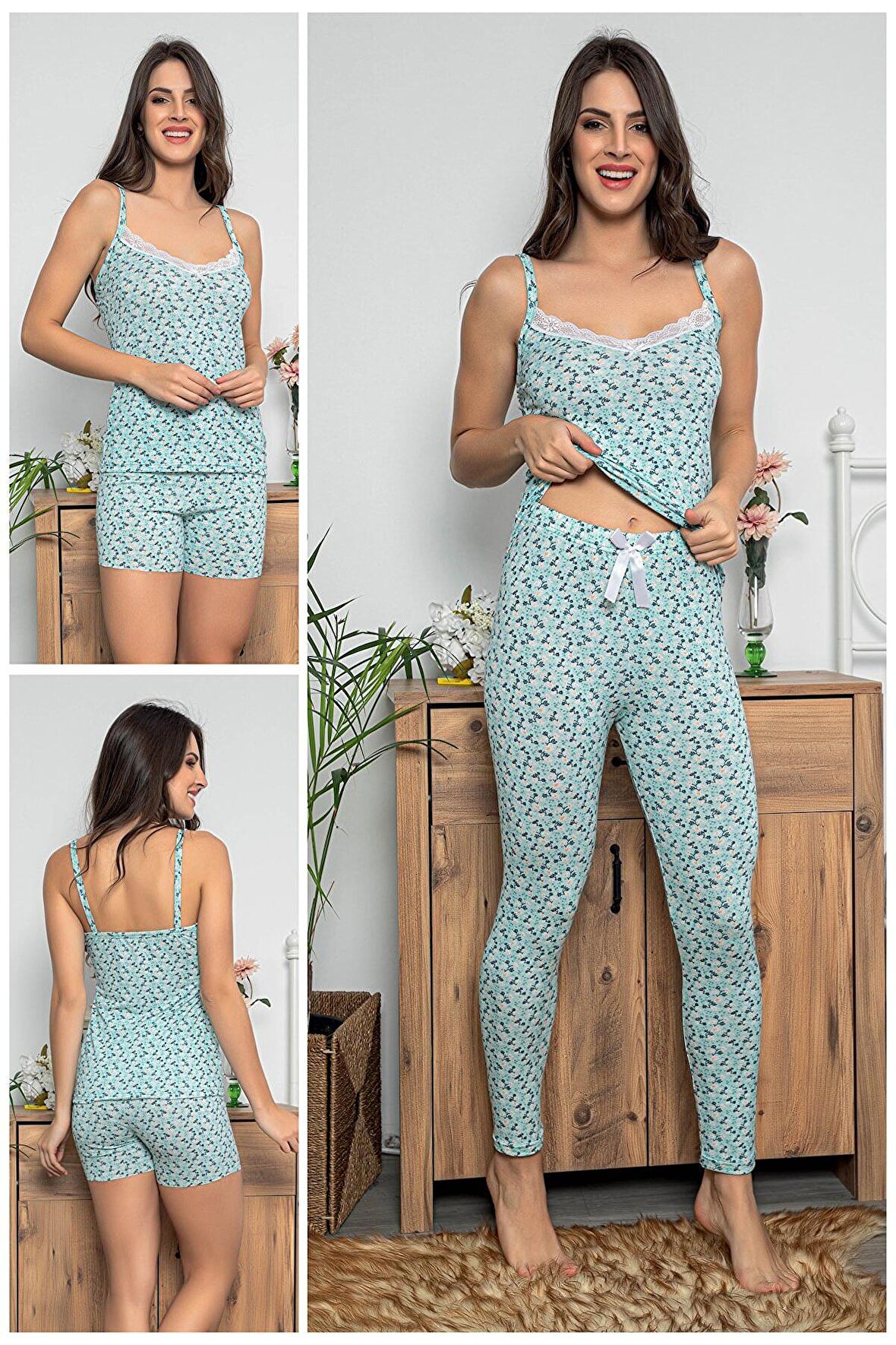 MyBen Kadın Çiçek Desenli Dantel Detaylı Şortlu ve Taytlı Pijama Takımı 3'lü Set 75013