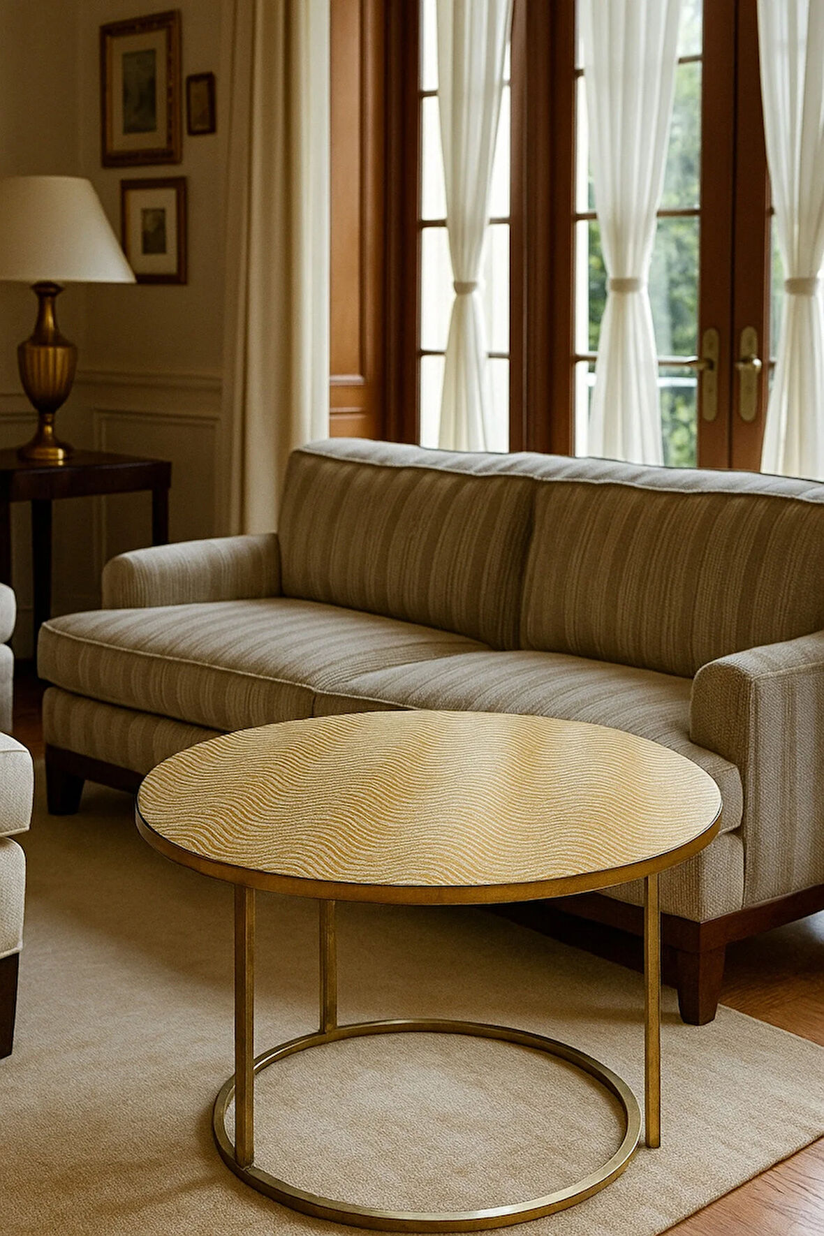 Çeyizlik Gold Yuvarlak Orta Sehpa Örtüsü – Paralel Çizgili, Dantelli, PVC