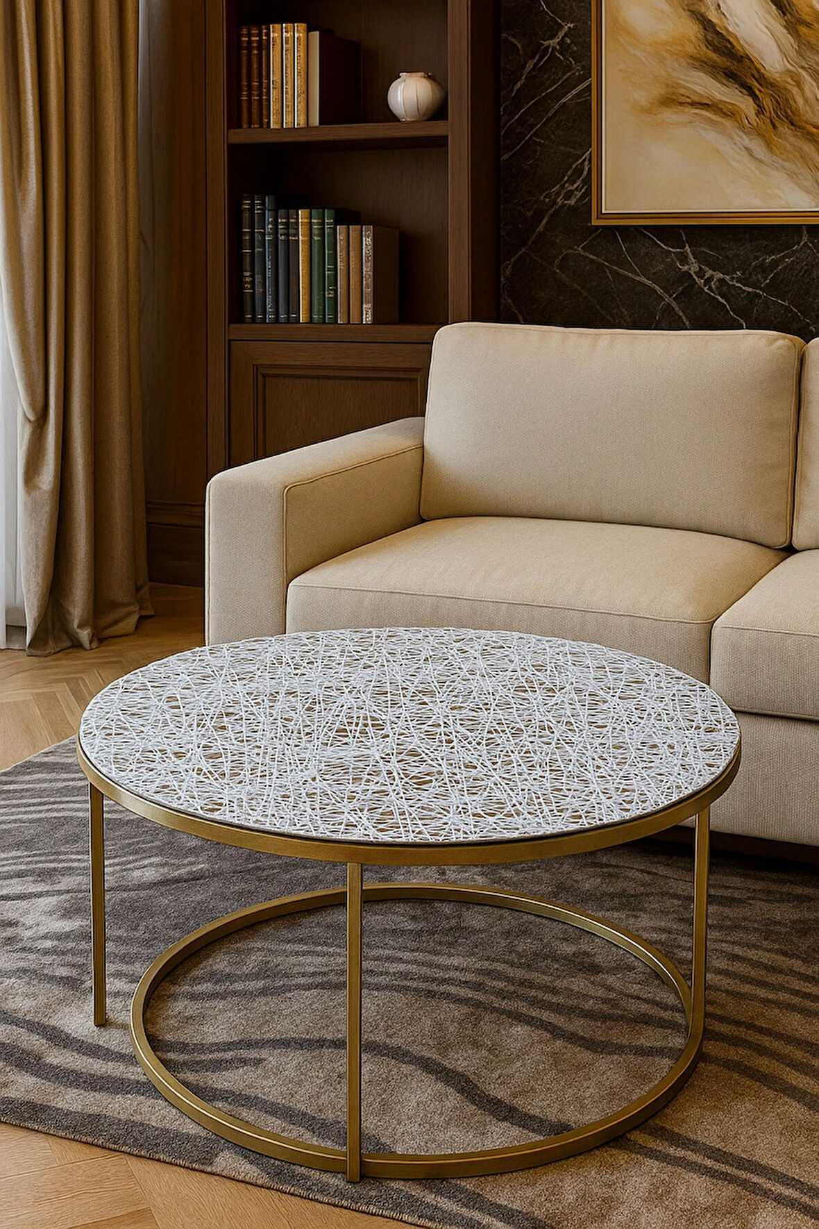 Lüks Yuvarlak Orta Sehpa Masa Örtüsü – Silinebilir, Su Geçirmez, Dantel Desen