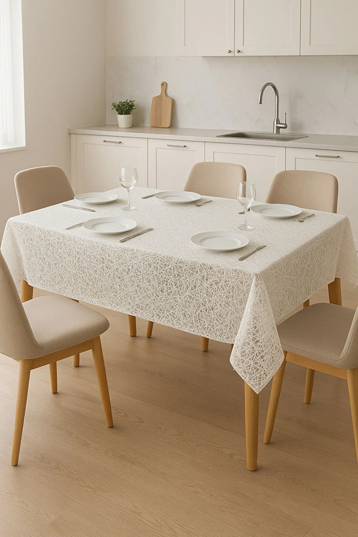 Silinebilir Su Geçirmez Hasır Lüx PVC Kaplamalı Masa Örtüsü – Şeffaf, Beyaz Bej Muşamba