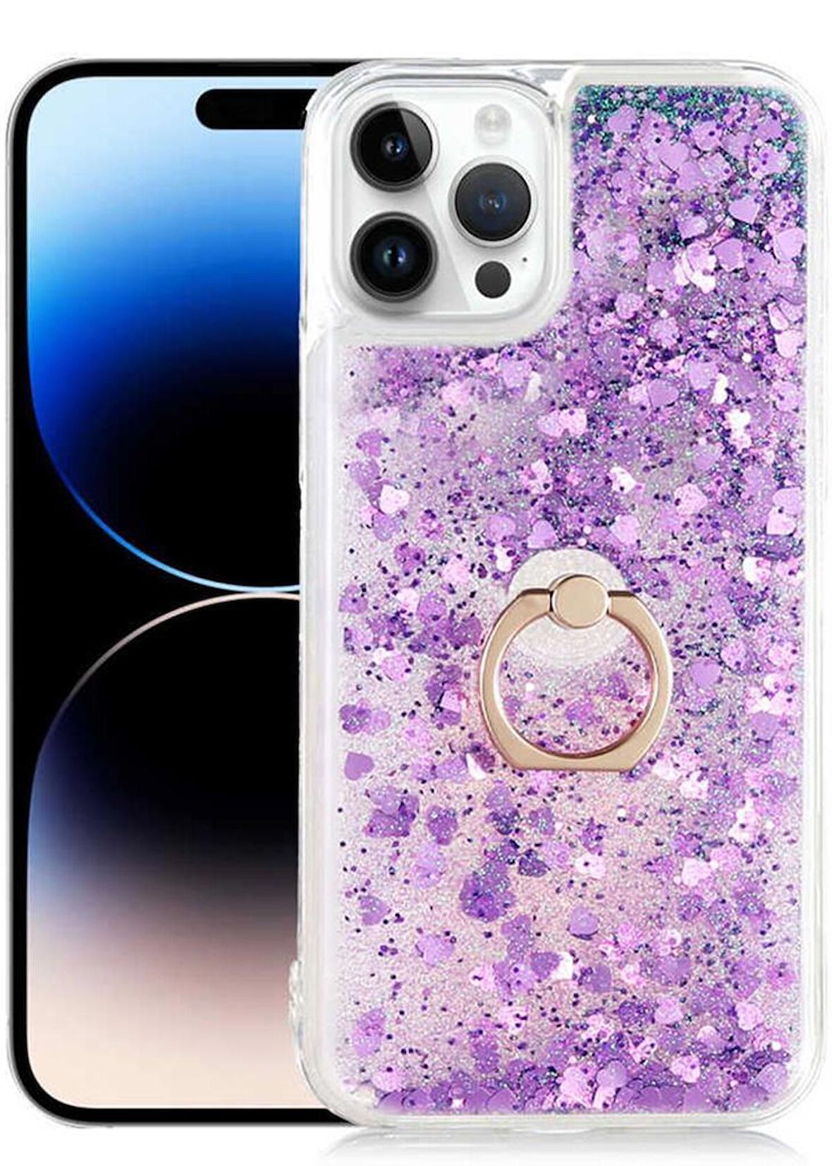 Apple iPhone 14 Pro Kılıf Sıvılı Simli Pullu Yüzüklü Standlı Lüx Silikon 