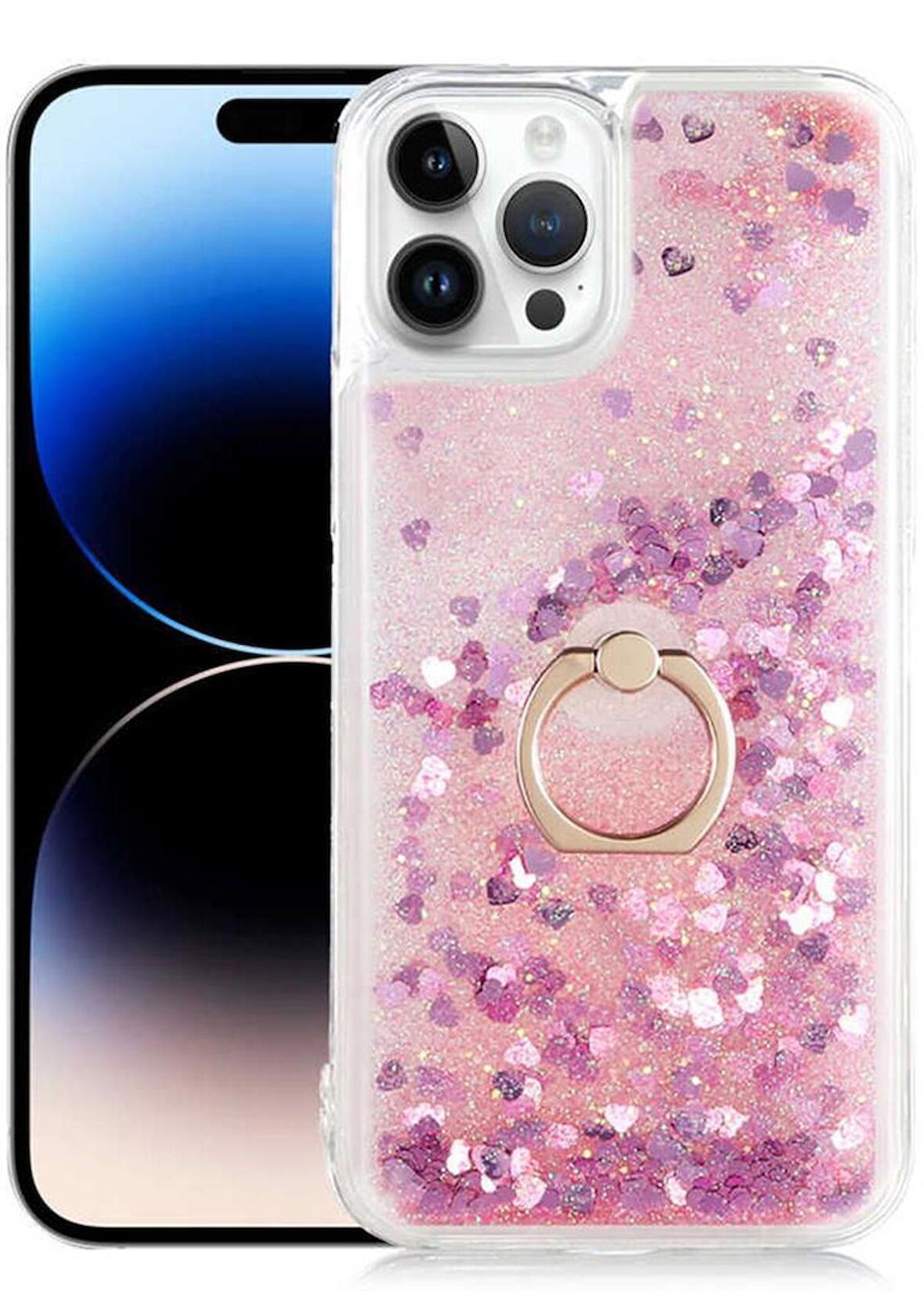 Apple iPhone 14 Pro Kılıf Sıvılı Simli Pullu Yüzüklü Standlı Lüx Silikon 