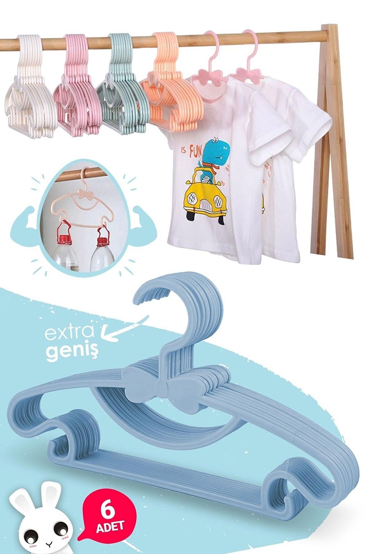 Sweet 6 Adet Mavi Bebek Elbise Askısı 30 Cm Fiyonklu Kelebek Bebek Çocuk Kıyafet Askısı