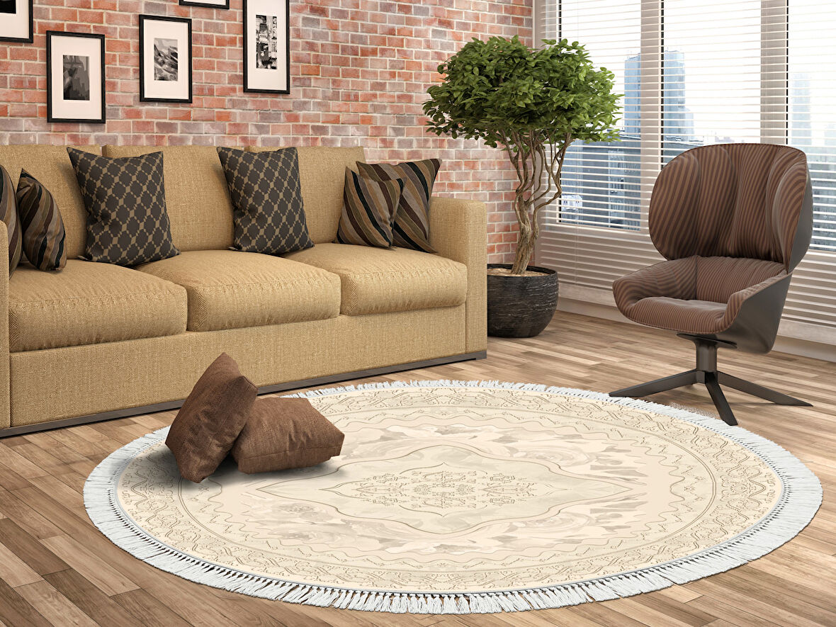 Dekoreko İnci Halı Dijital Saçaklı Yuvarlak 1856 Desen 2