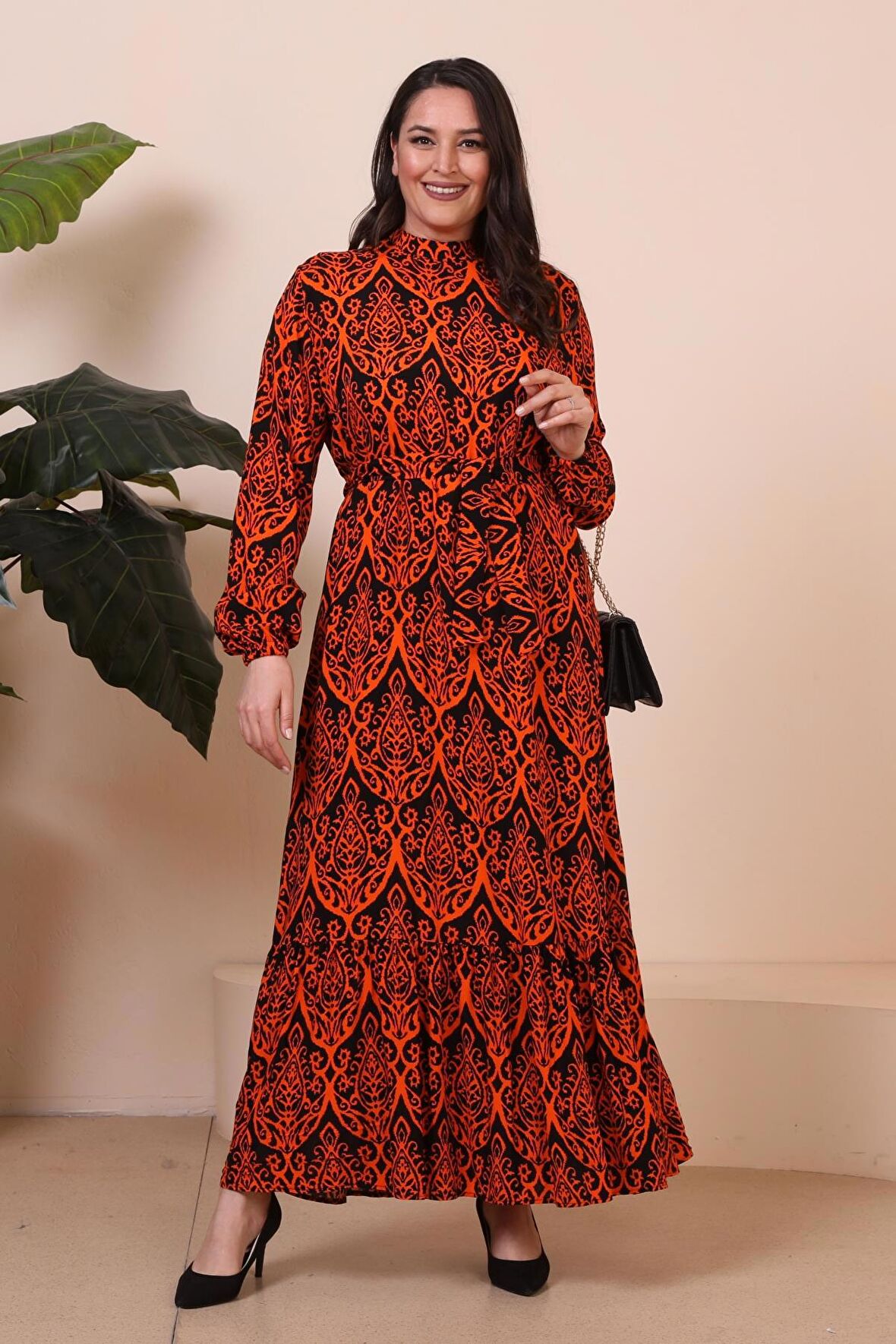 Kadın Hakim Yaka Buyuk Beden Elbise Tesettur Viskon Kumas Pileli ve Piliseli Elbise