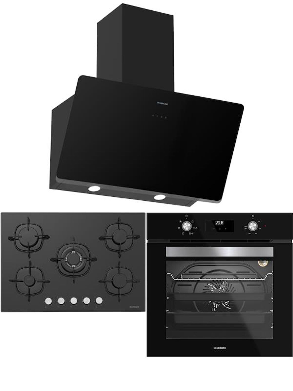Silverline Siyah Ankastre Set (CS5801E7B01 Ocak/S2-BO6502B02 Fırın/3457 Soho Davlumbaz)
