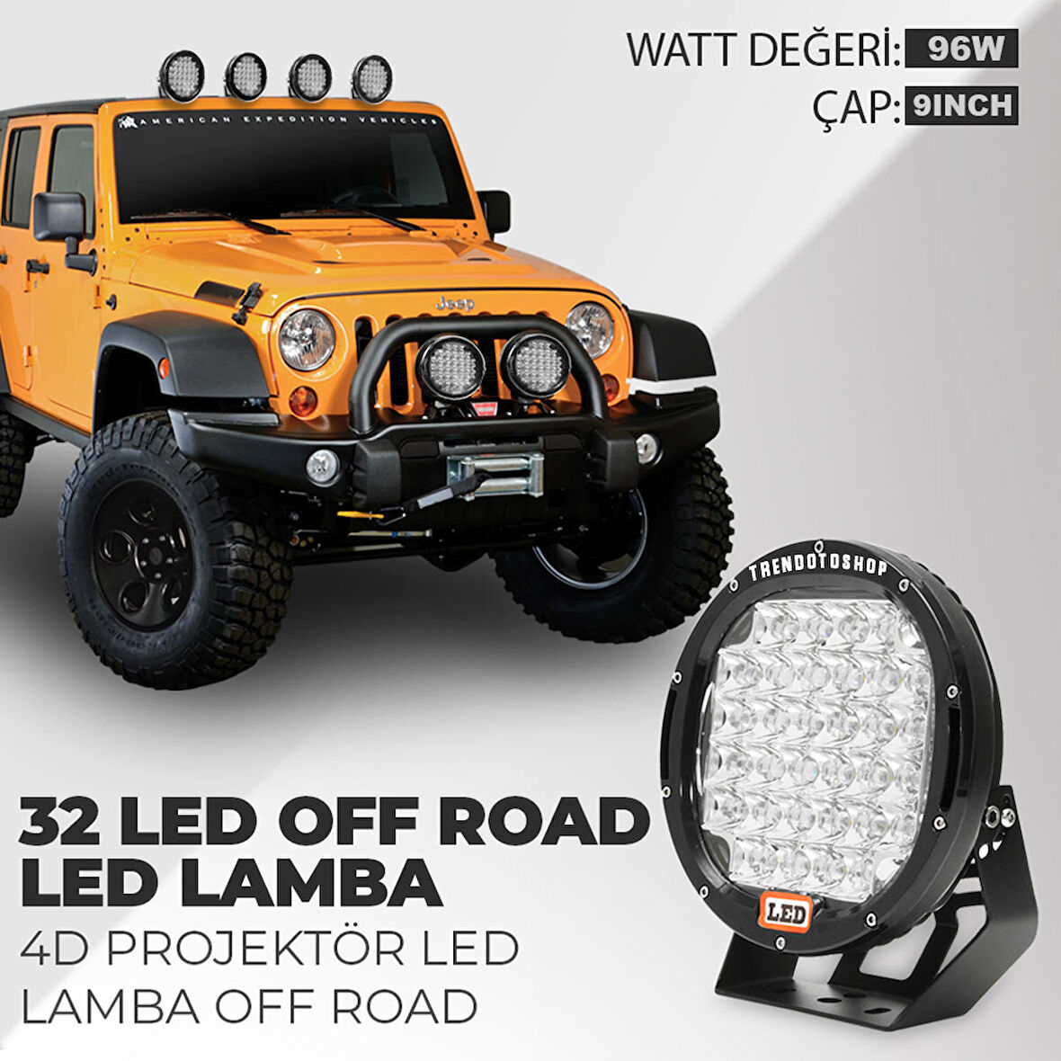 9" 96W 32 Led Explorer Siyah Off Road Led Lamba