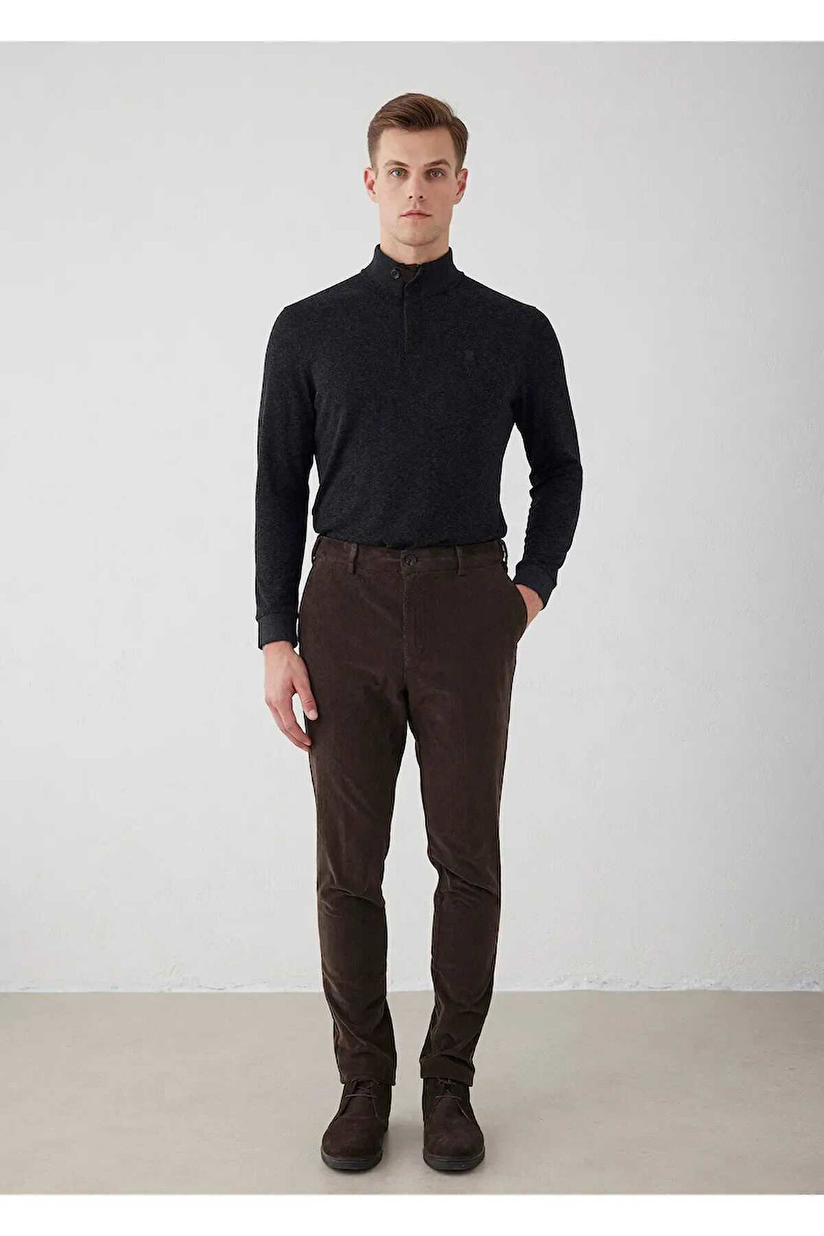 Mong Koyu Kahve Renk Kadife Beli Lastikli Jogger Pantolon