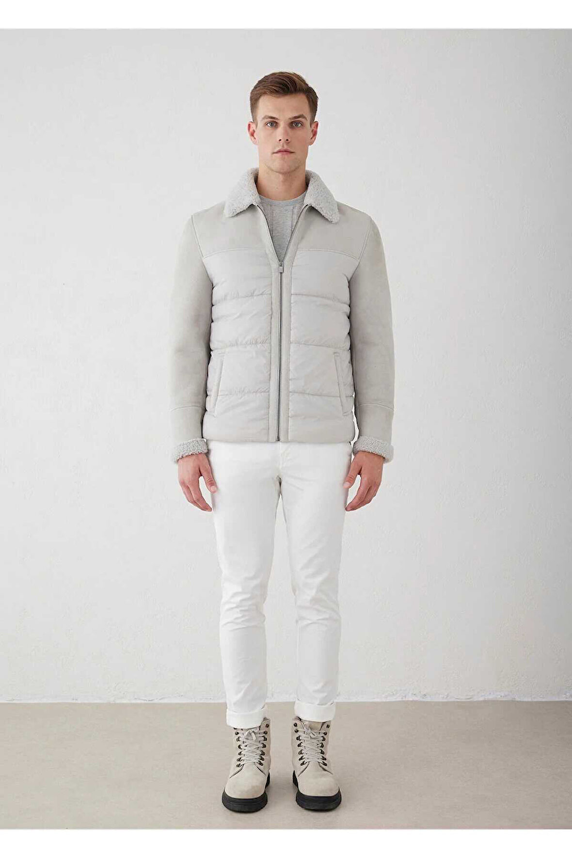 Larton Açık Bej Renk Kürklü Süet Mont