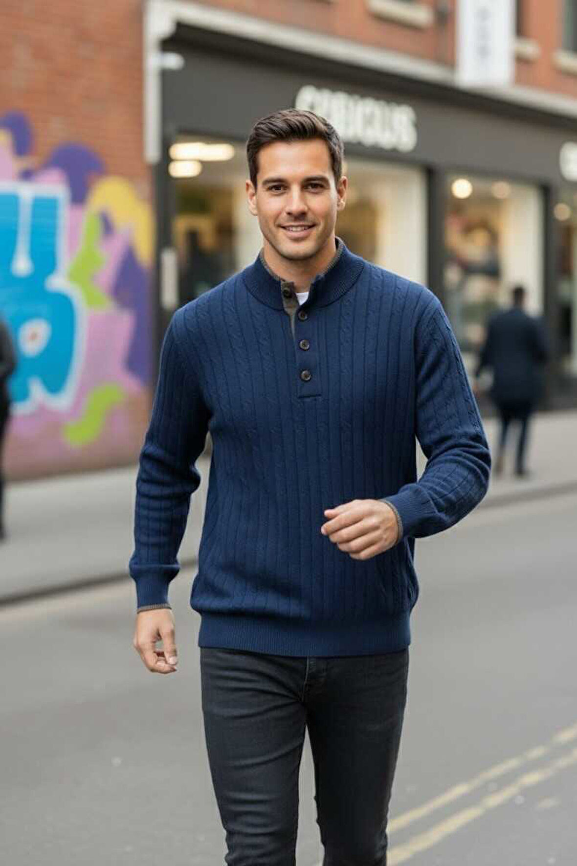 Ayon Lacivert Renk Düğmeli Yaka Saç Örgü Kaşmir Triko