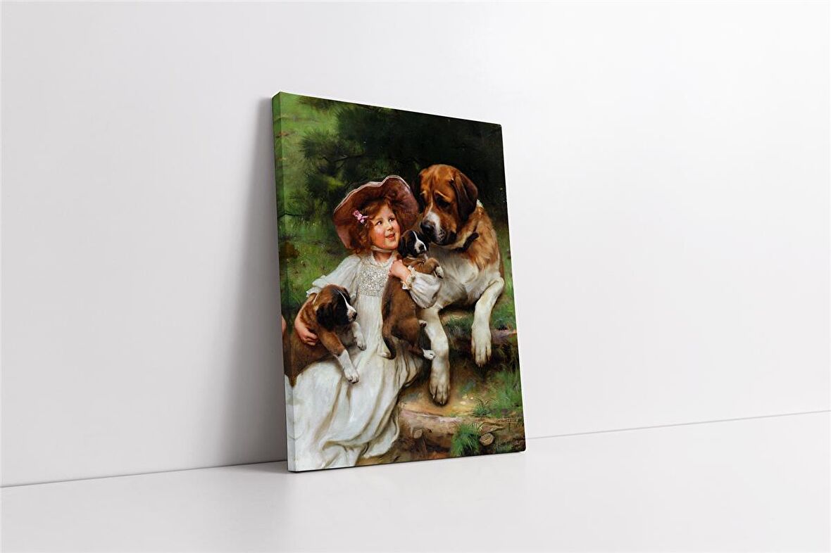 Köpeklerle Çocuk Kanvas Tablo
