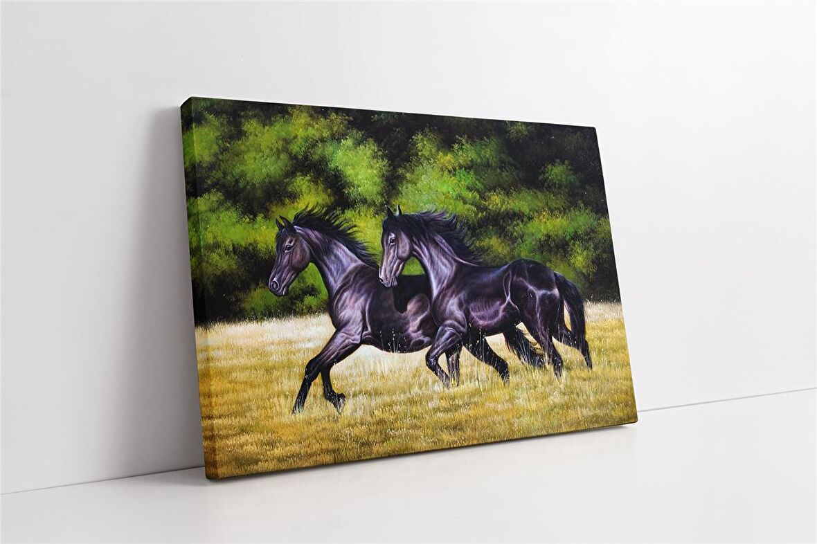 Koşan İkili Siyah At Kanvas Tablo