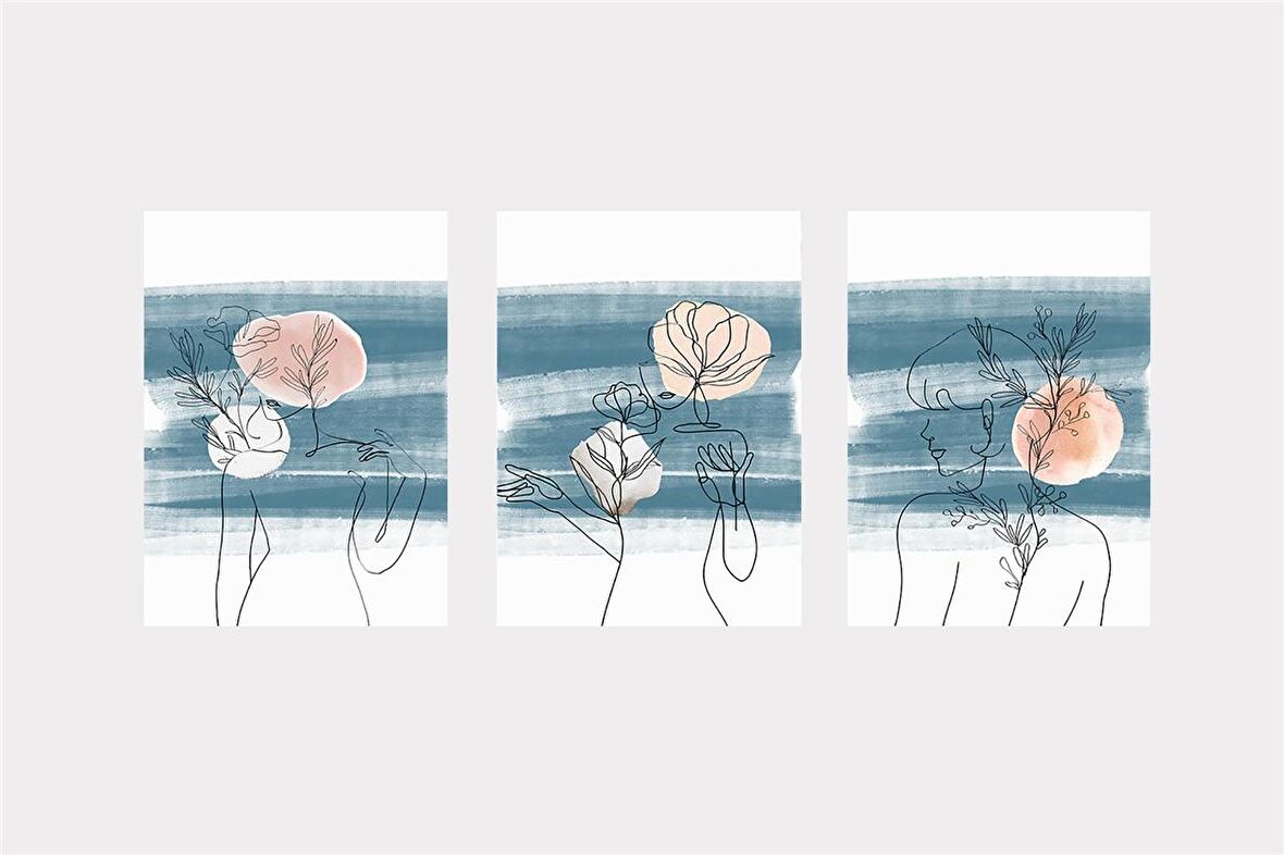 Line Art Kadın Silüeti Üçlü Set Kanvas Tablo
