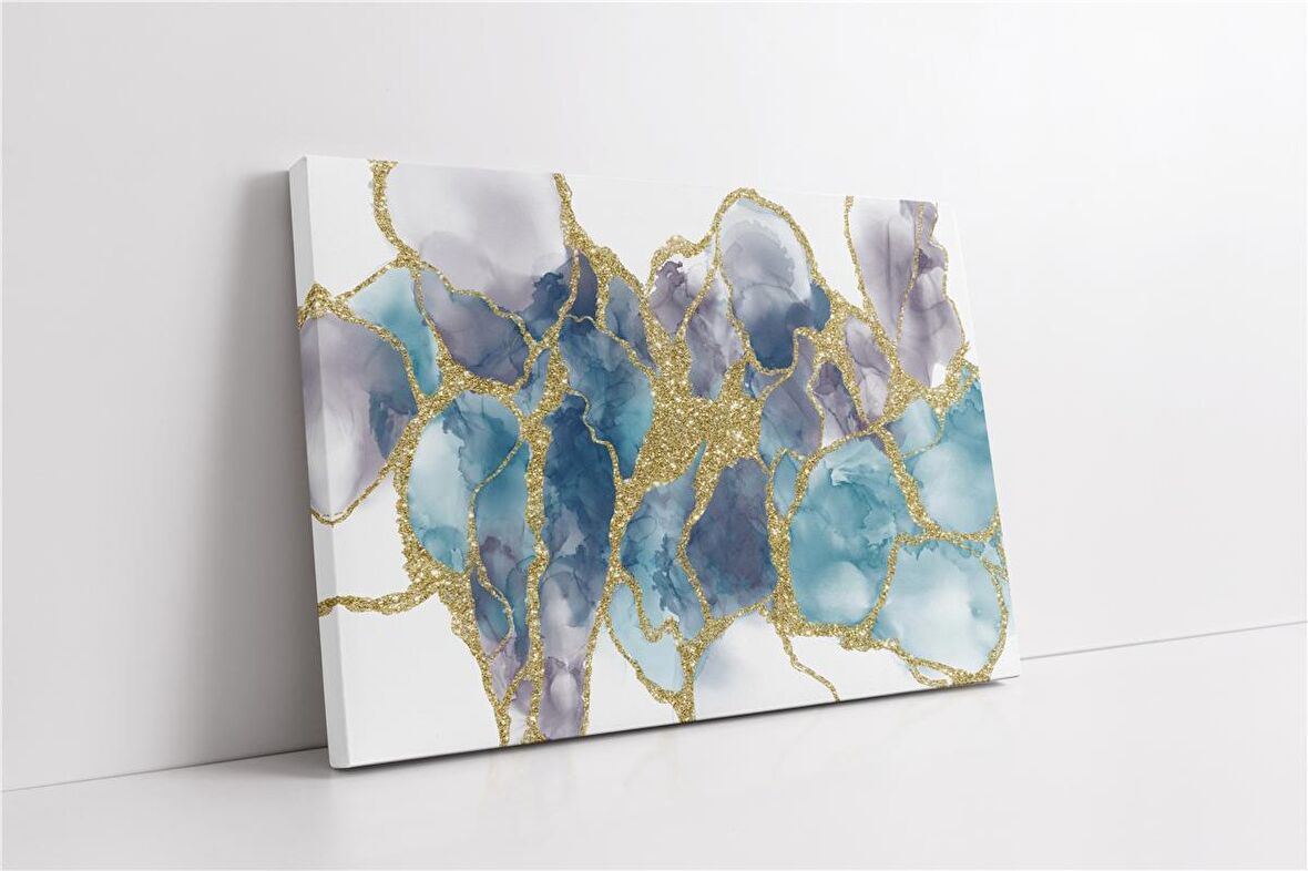 Altın Detaylı Mavi ve Mor Soyut Kanvas Tablo