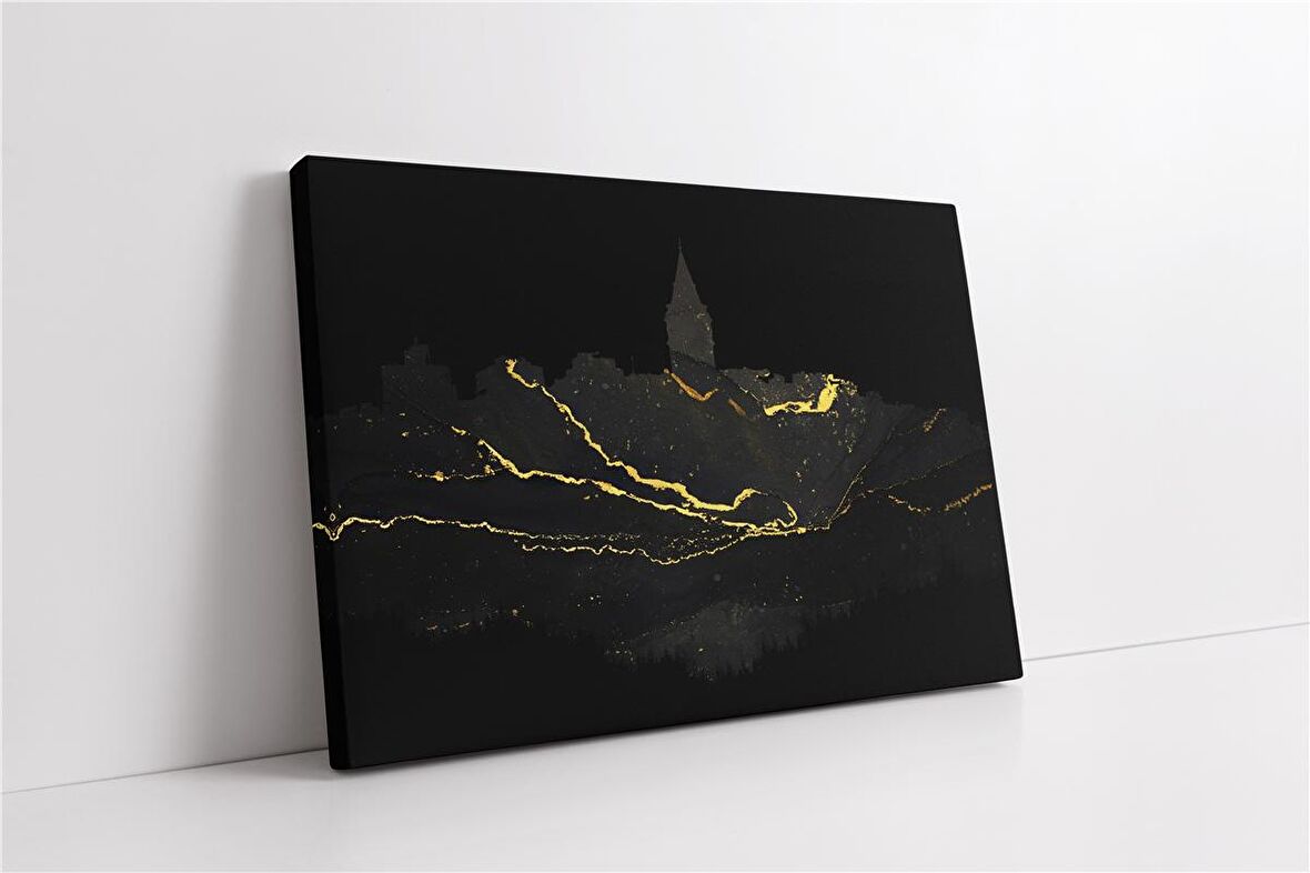 Gri Altın Soyut Desenli Galata Kulesi Kanvas Tablo