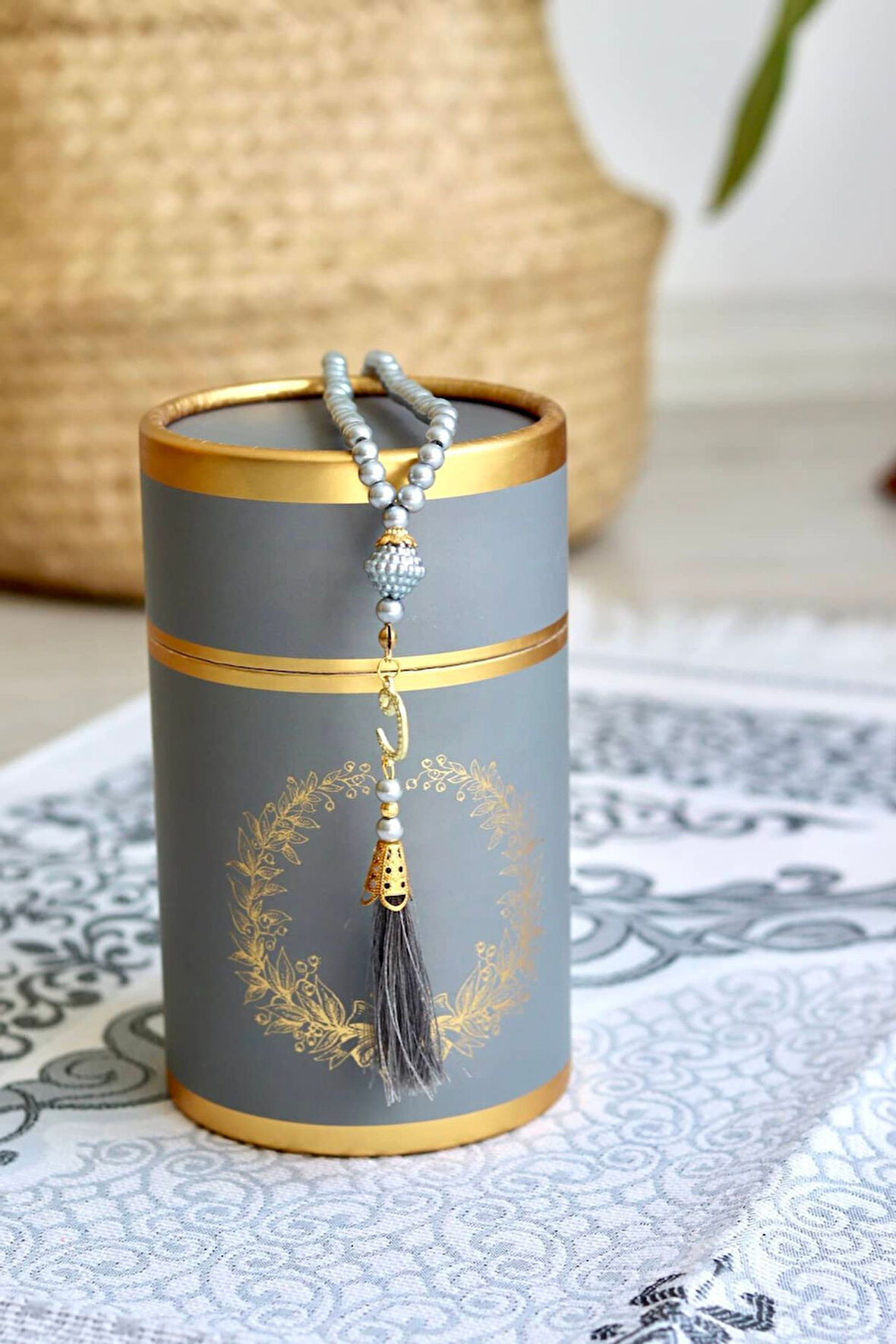 Silindir Kutulu Seccade Ve Tesbih Seti S1040 Gri