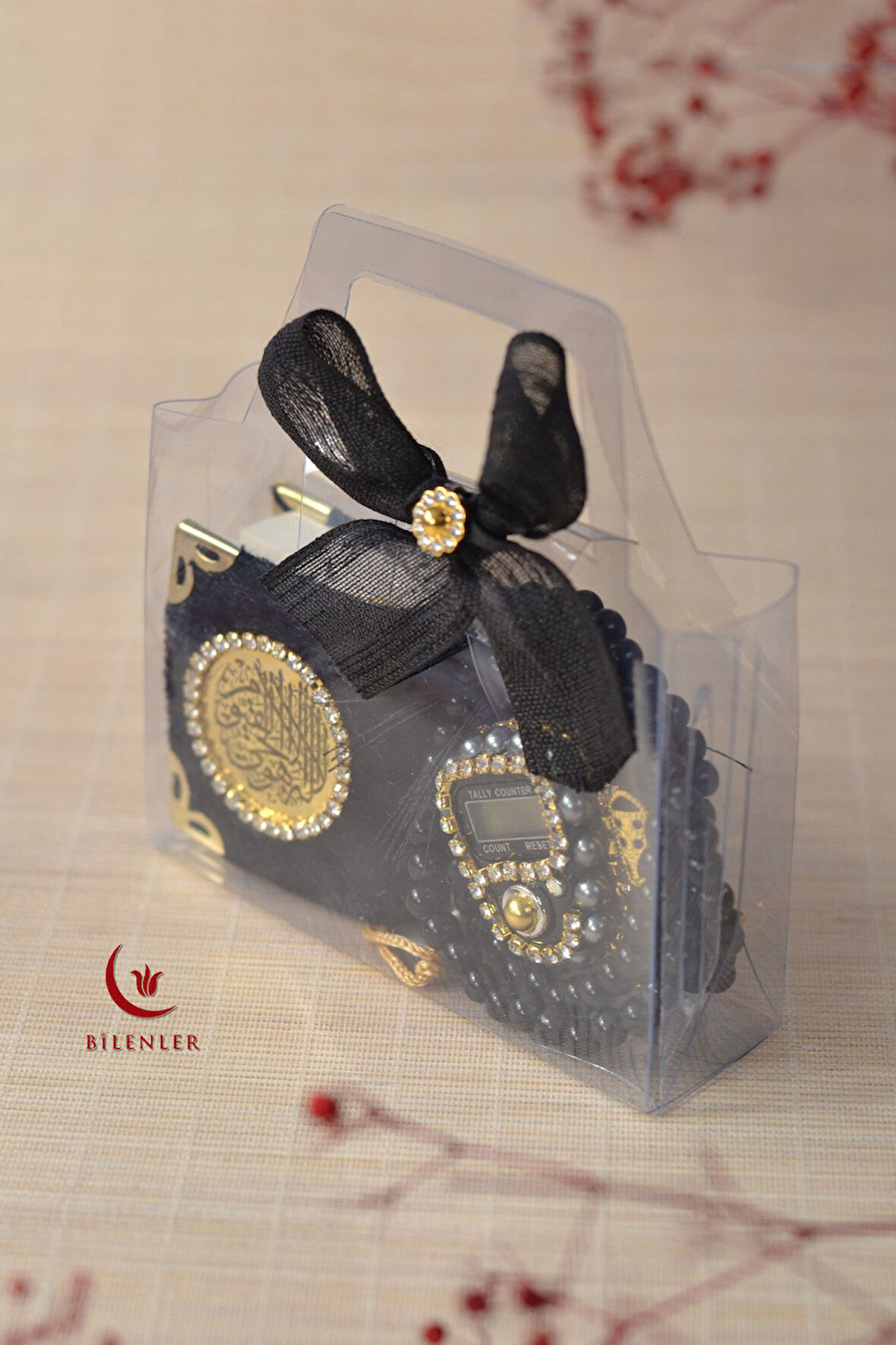 Hediyelik Kutulu Mini Kur'an İnci Tesbih ve Taşlı Zikirmatik Seti 5 Adet