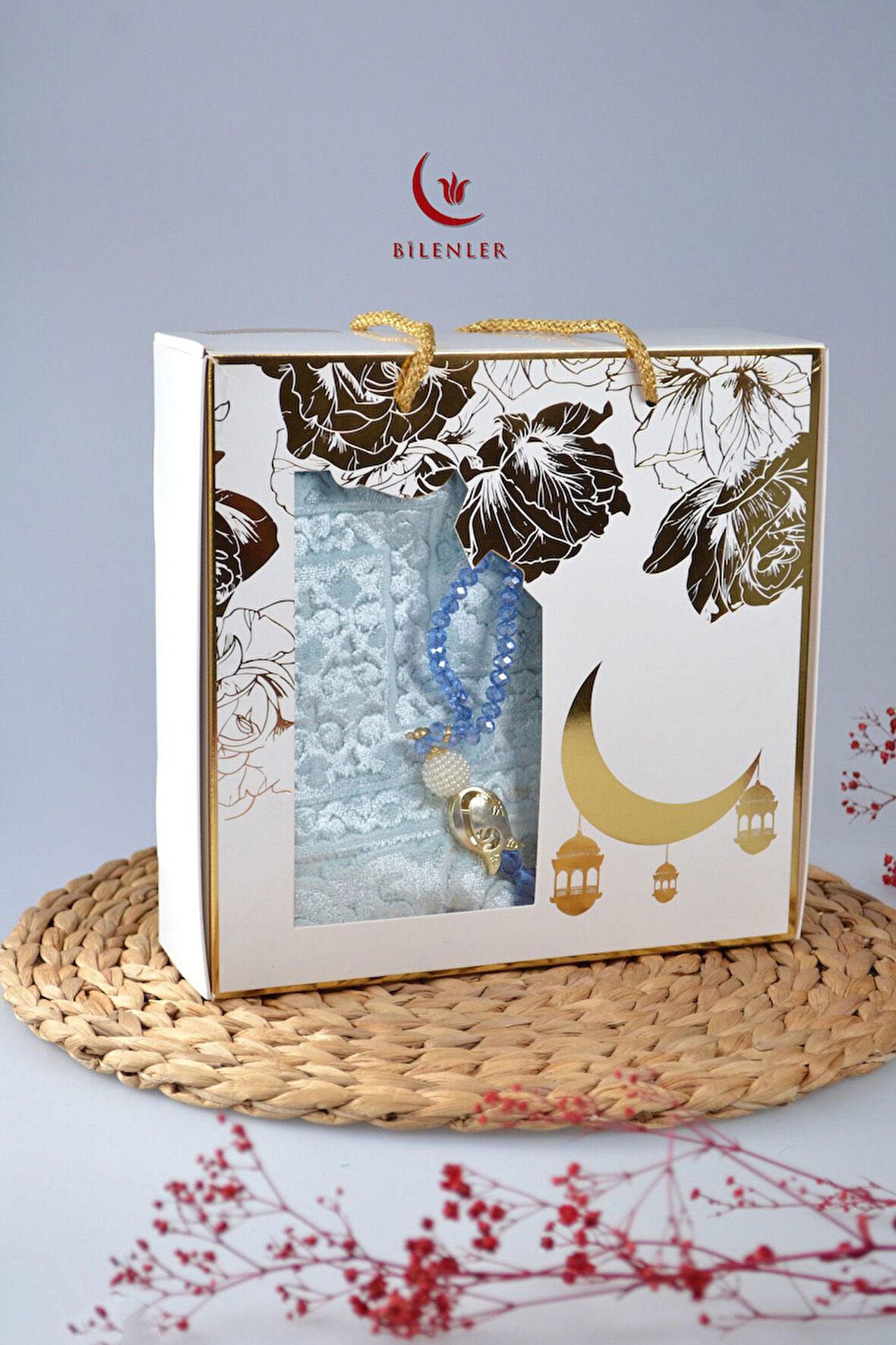 Özel Kutulu Hediyelik Lüks Kadife Dokuma Seccade ve Kristal Tesbih Seti