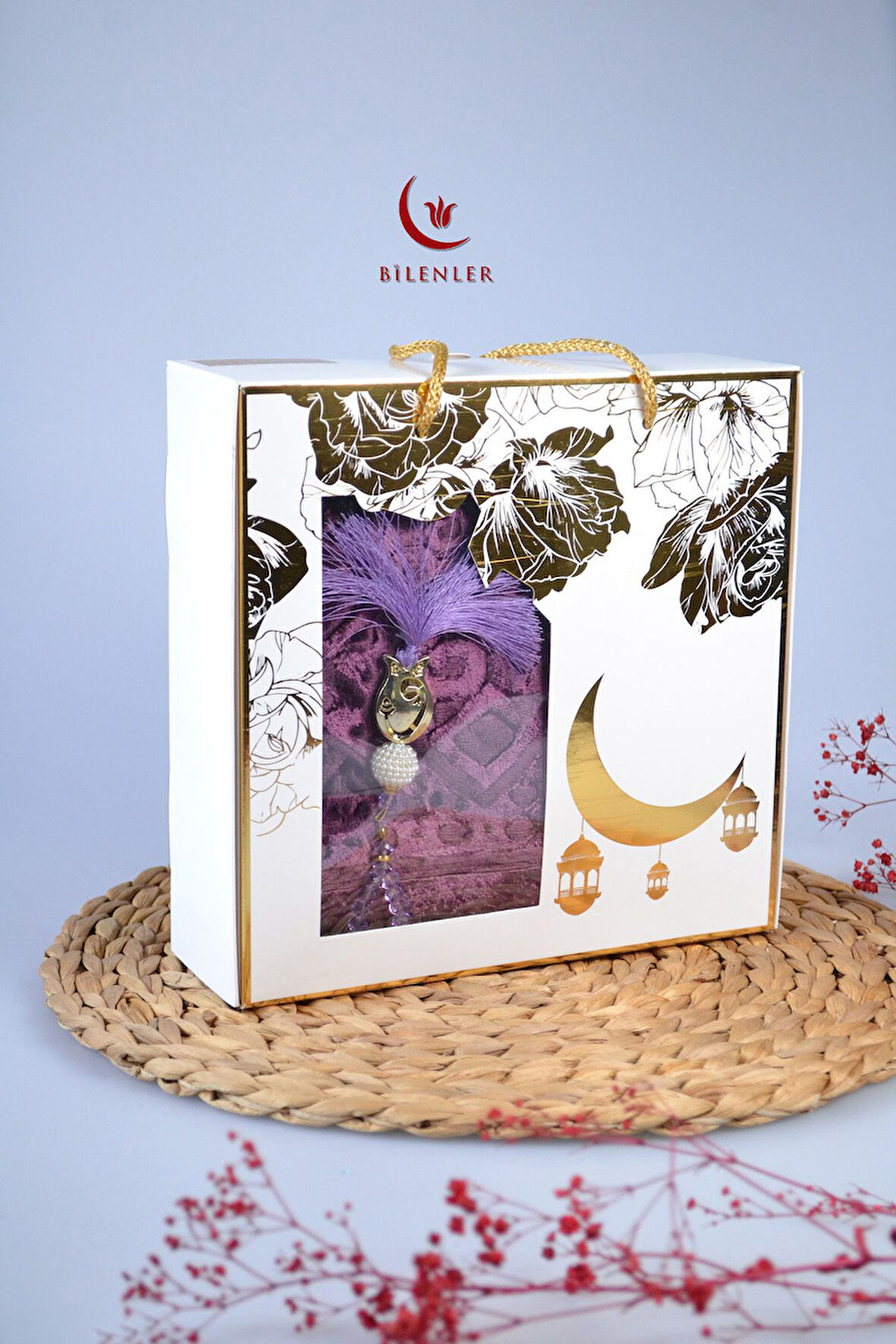 Özel Kutulu Hediyelik Lüks Kadife Dokuma Seccade ve Kristal Tesbih Seti