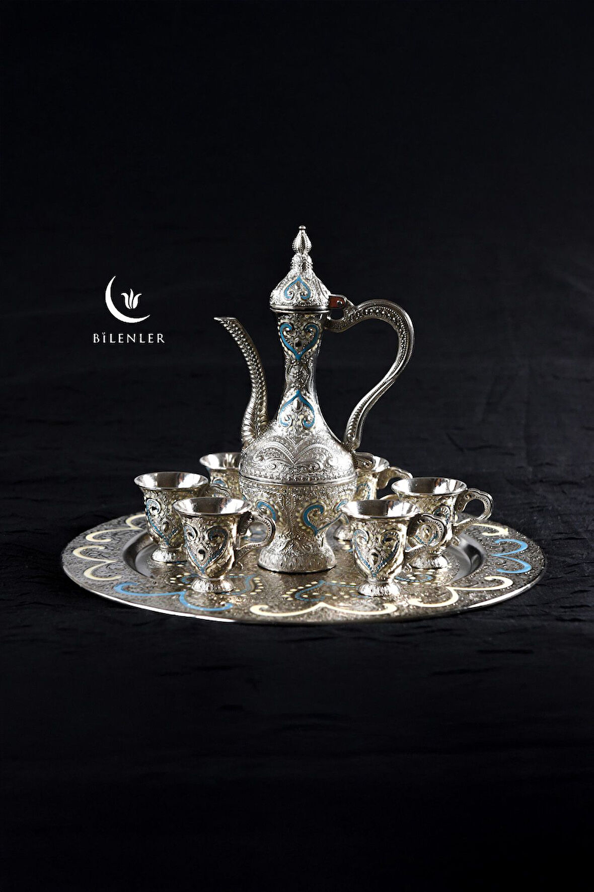 Hediyelik/ Sunumluk Osmanlı Motifli Nakışlı Gümüş Zemzem Takımı 8 Parça