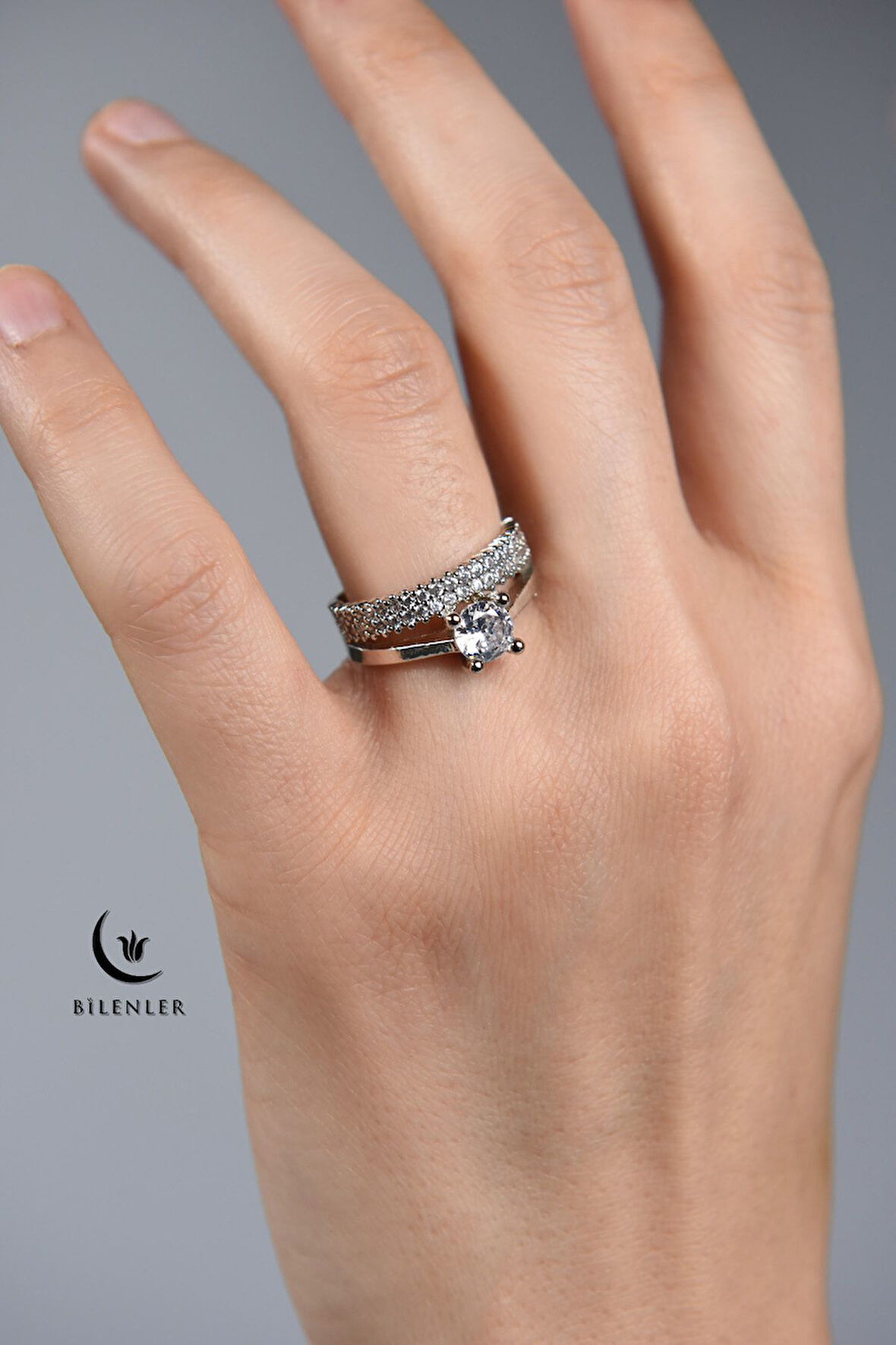 Kadın Taşlı Çift Yüzük Görünümlü Metal Yüzük Uzun Ömürlü,Şık Tasarım (24’lü kutu)