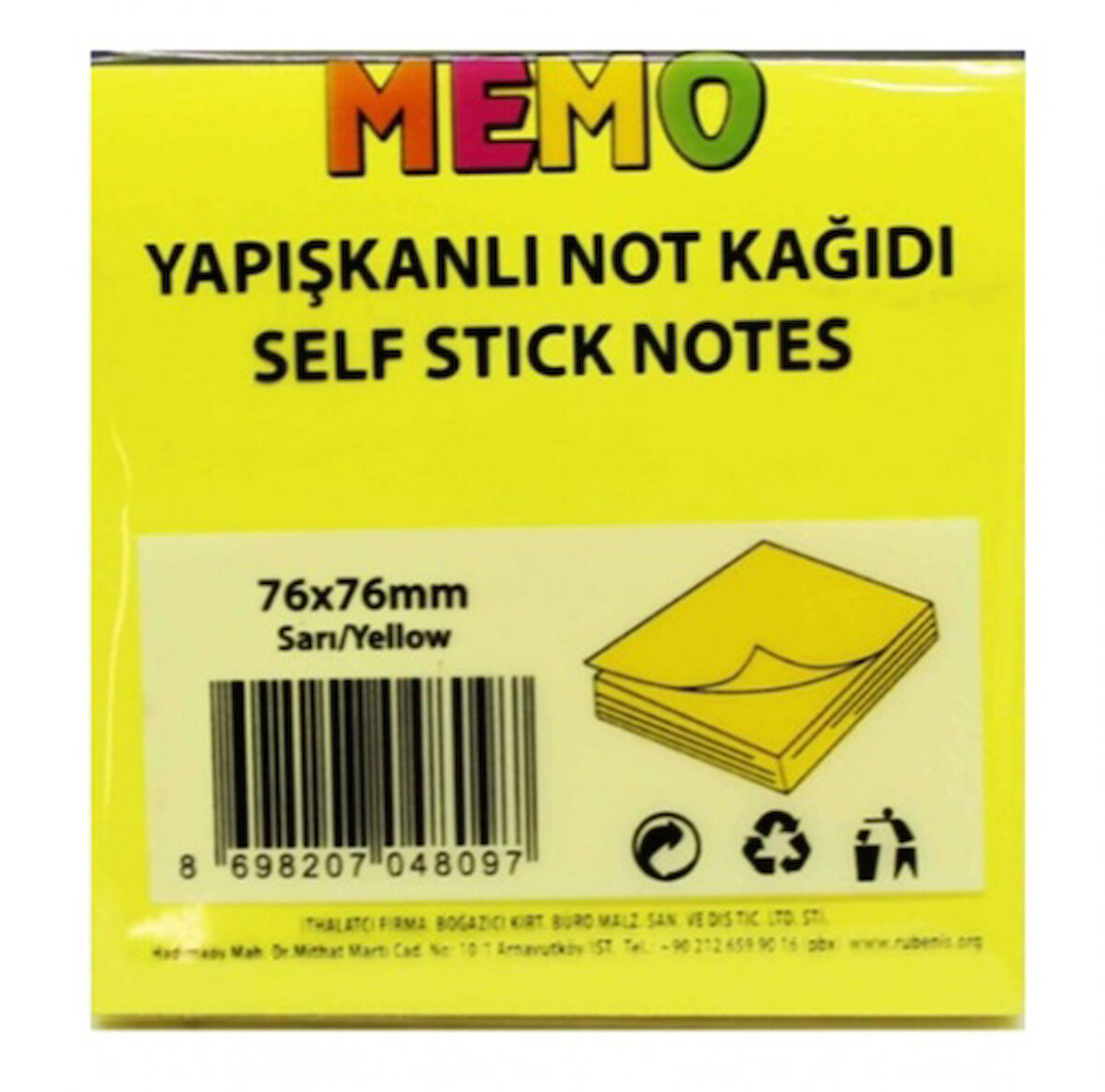 Memo Yapışkanlı Not Kağıdı 76X76Mm Sarı - 3 adet