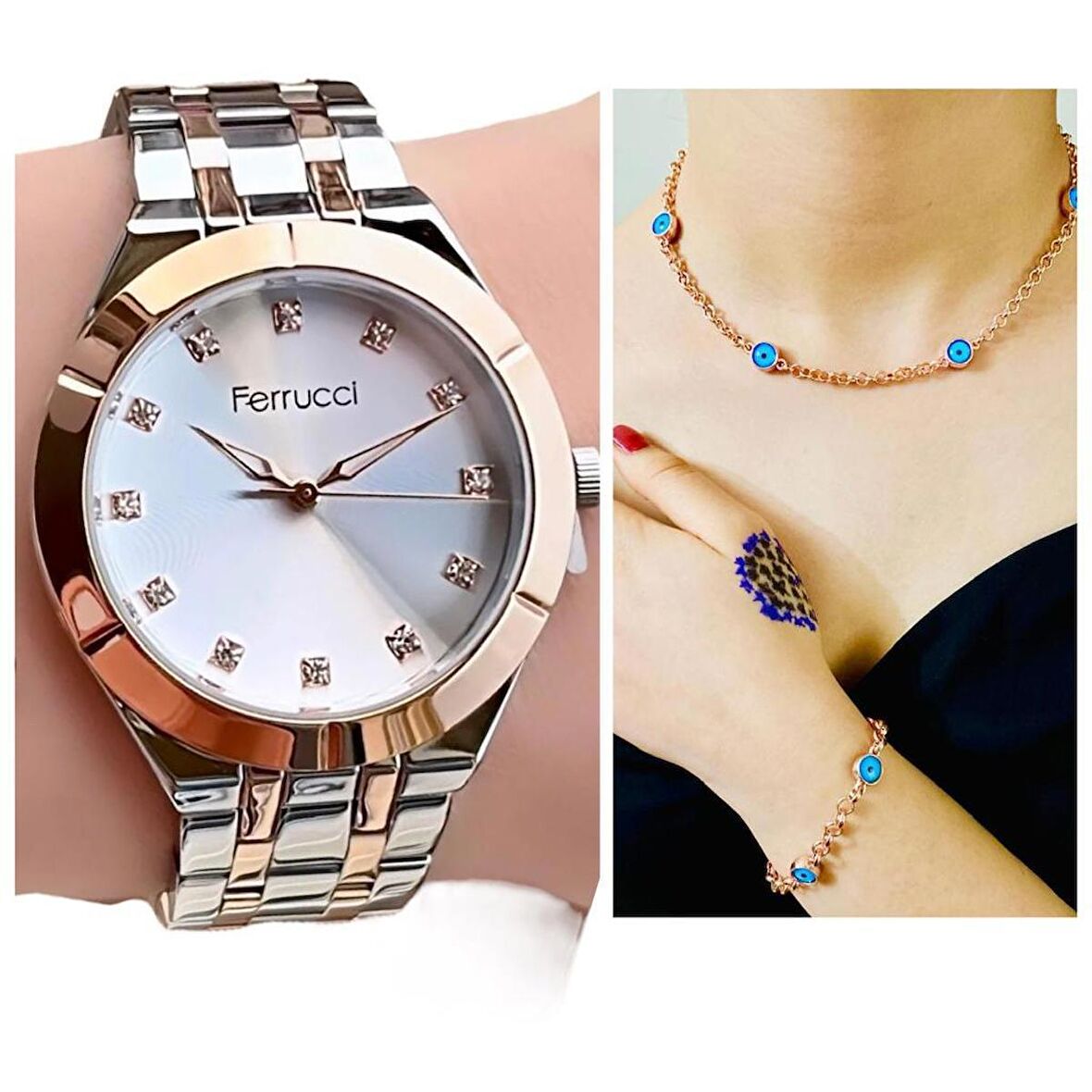 Ferrucci 1. Sınıf Çelik Şık Kadın Kol Saat+Nazarlıklı Hediye Set