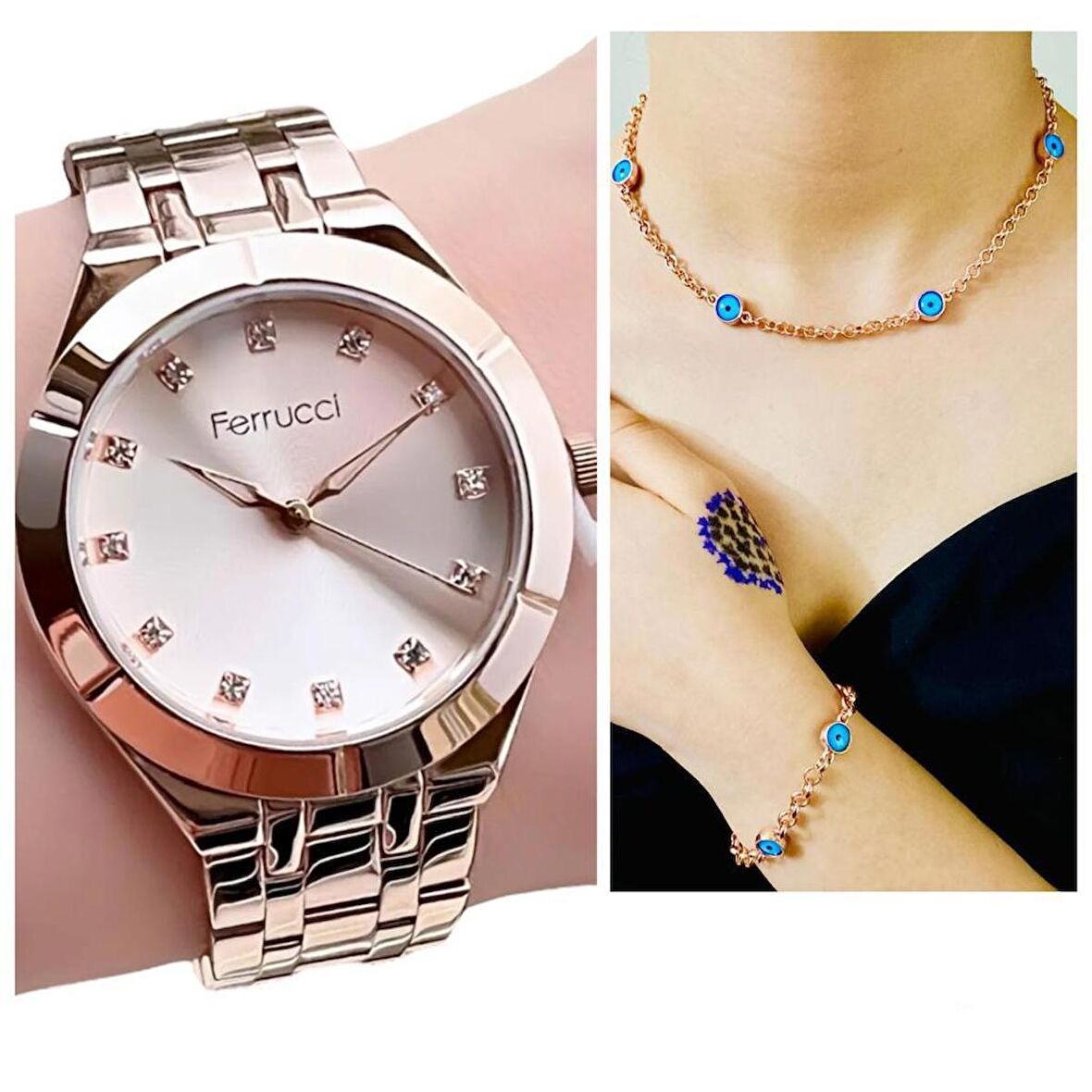 Ferrucci 1. Sınıf Çelik Şık Kadın Kol Saat+Nazarlıklı Hediye Set