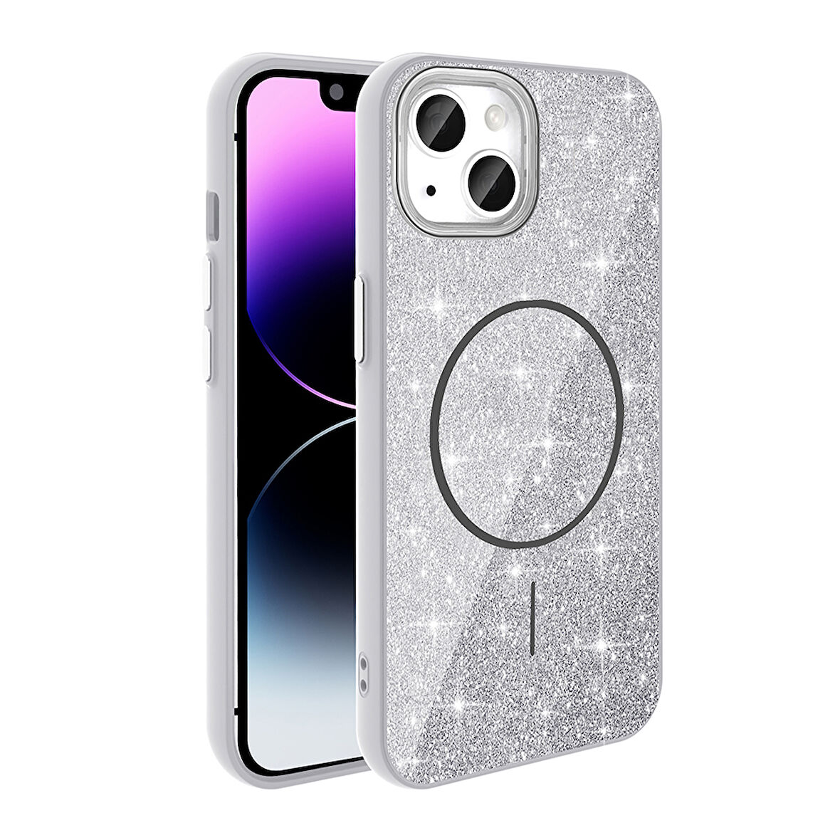 iPhone 14 Kılıf Magsafe Şarj Özellikli Parlayan Simli Okso Kılıf