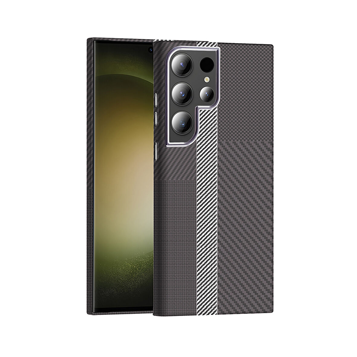 Galaxy S24 Ultra Kılıf M-safe Şarj Özellikli Karbon Fiber Görünümlü Gros Kılıf Gri-Siyah
