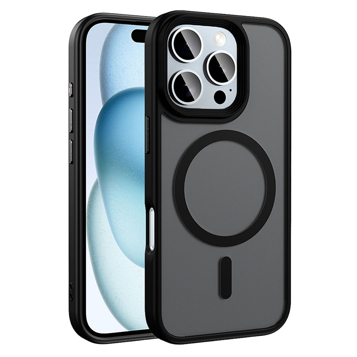 iPhone 16 Pro Kılıf Mat Arka Yüzey Wireless Şarj Özellikli Flet M-safe Kılıf Siyah