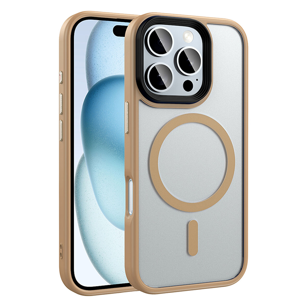 iPhone 16 Pro Kılıf Mat Arka Yüzey Wireless Şarj Özellikli Flet M-safe Kılıf Desert Titanyum